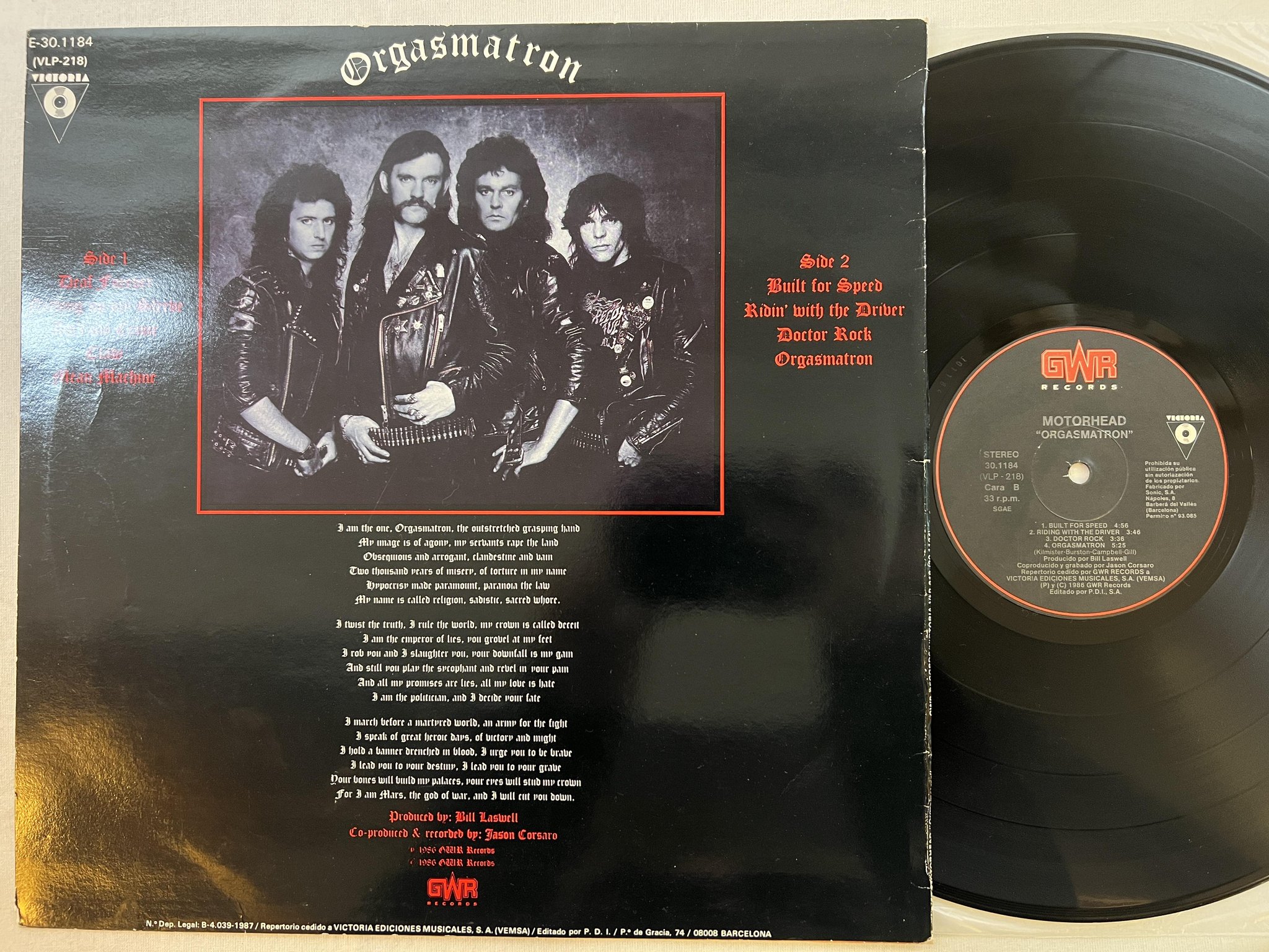 Omslagsbild för skivan MOTORHEAD orgasmatron LP -86 Spain GWR 301184