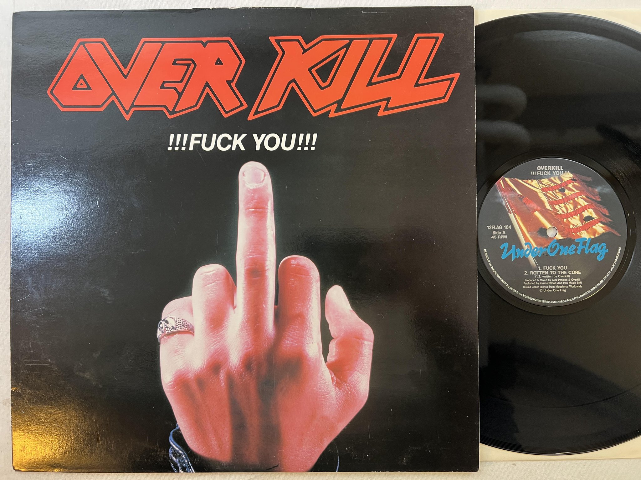 Omslagsbild för skivan OVERKILL !!!Fuck You!!! 12" -87 UK UNDER ONE FLAG 12 FLAG 104