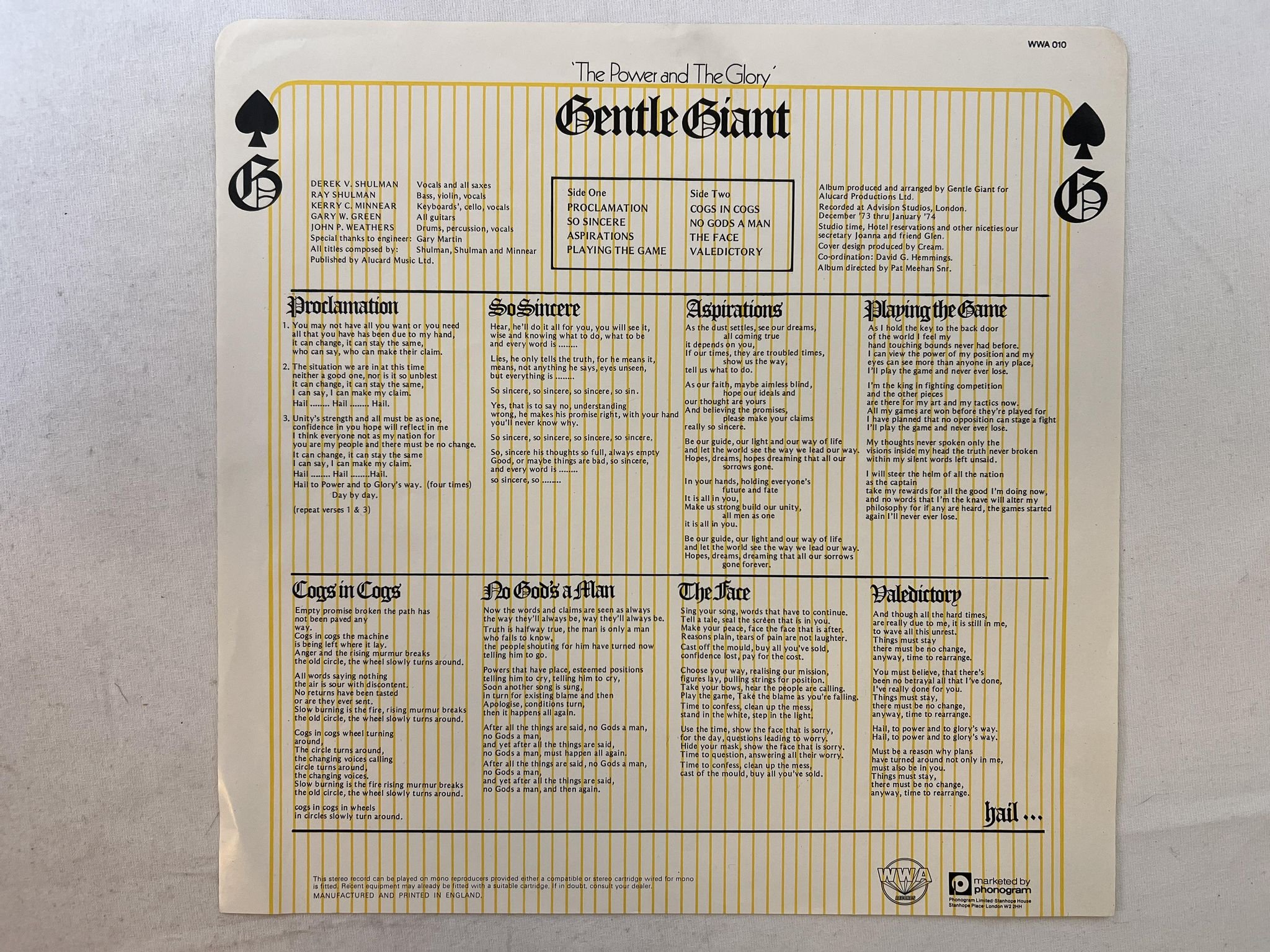 Omslagsbild för skivan GENTLE GIANT the power and the glory LP -74 UK WWA 010