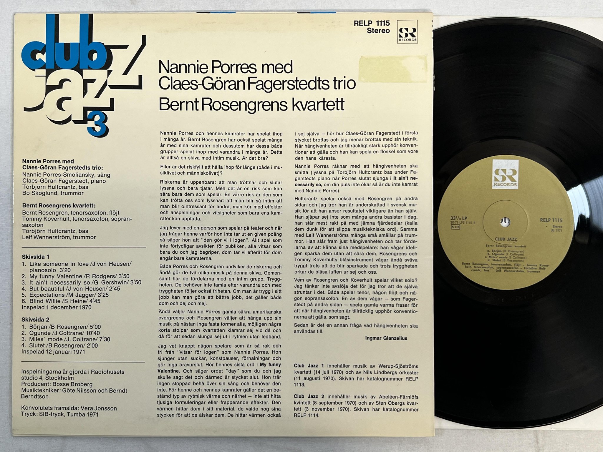 Omslagsbild för skivan BERNT ROSENGRENS KVARTETT club jazz vol 3 LP -71 Swe SR RELP 1115