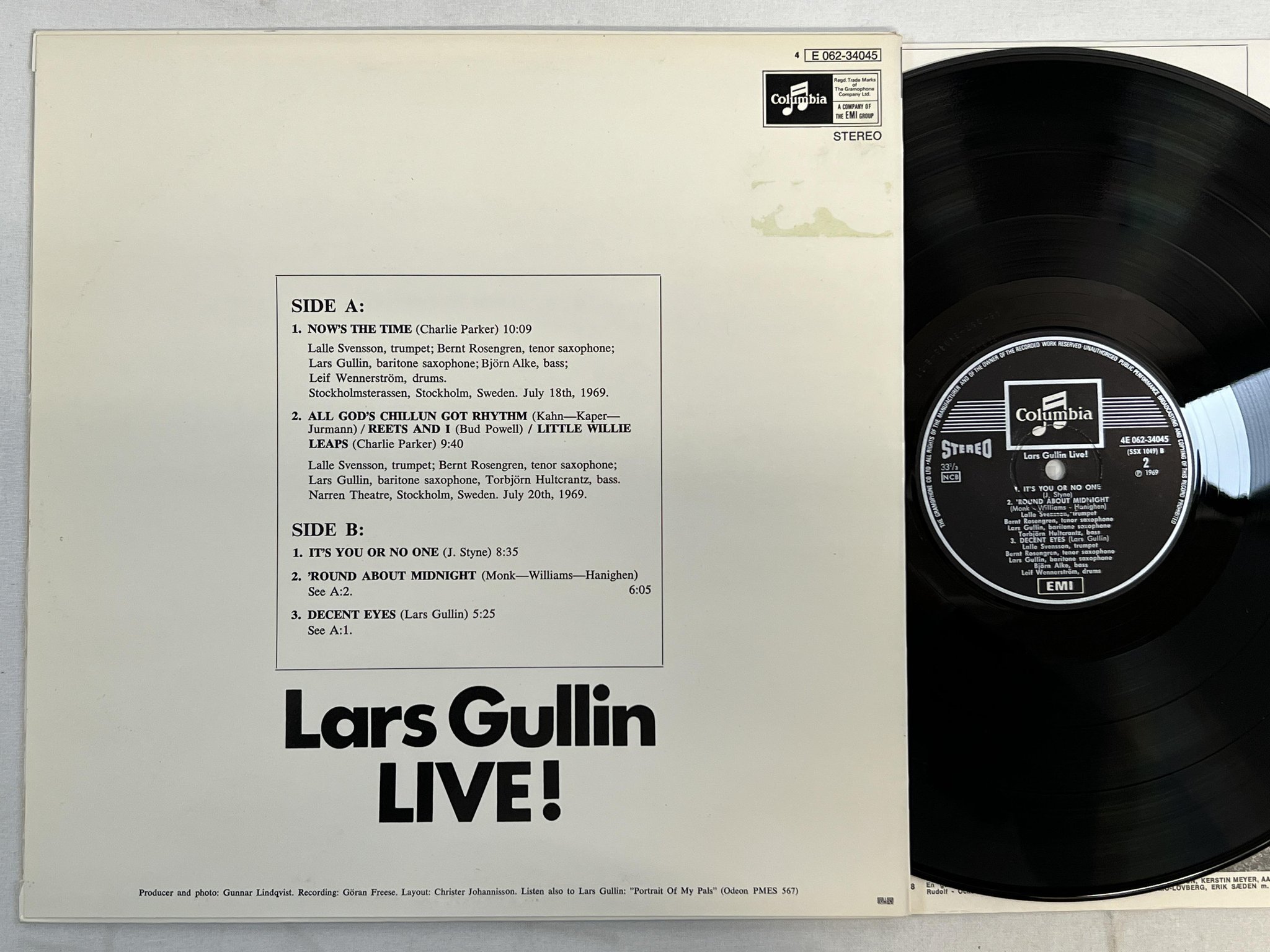 Omslagsbild för skivan LARS GULLIN live! LP -69 Swe COLUMBIA 4E 062-34045