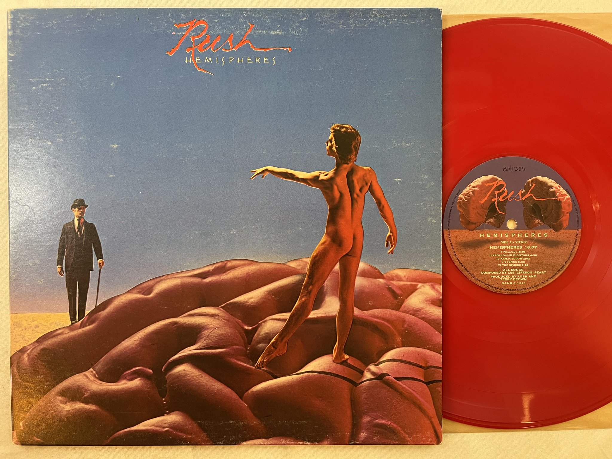 Omslagsbild för skivan RUSH hemispheres LP -78 Can ANTHEM SANR-1-1015 *** RED VINYL ***