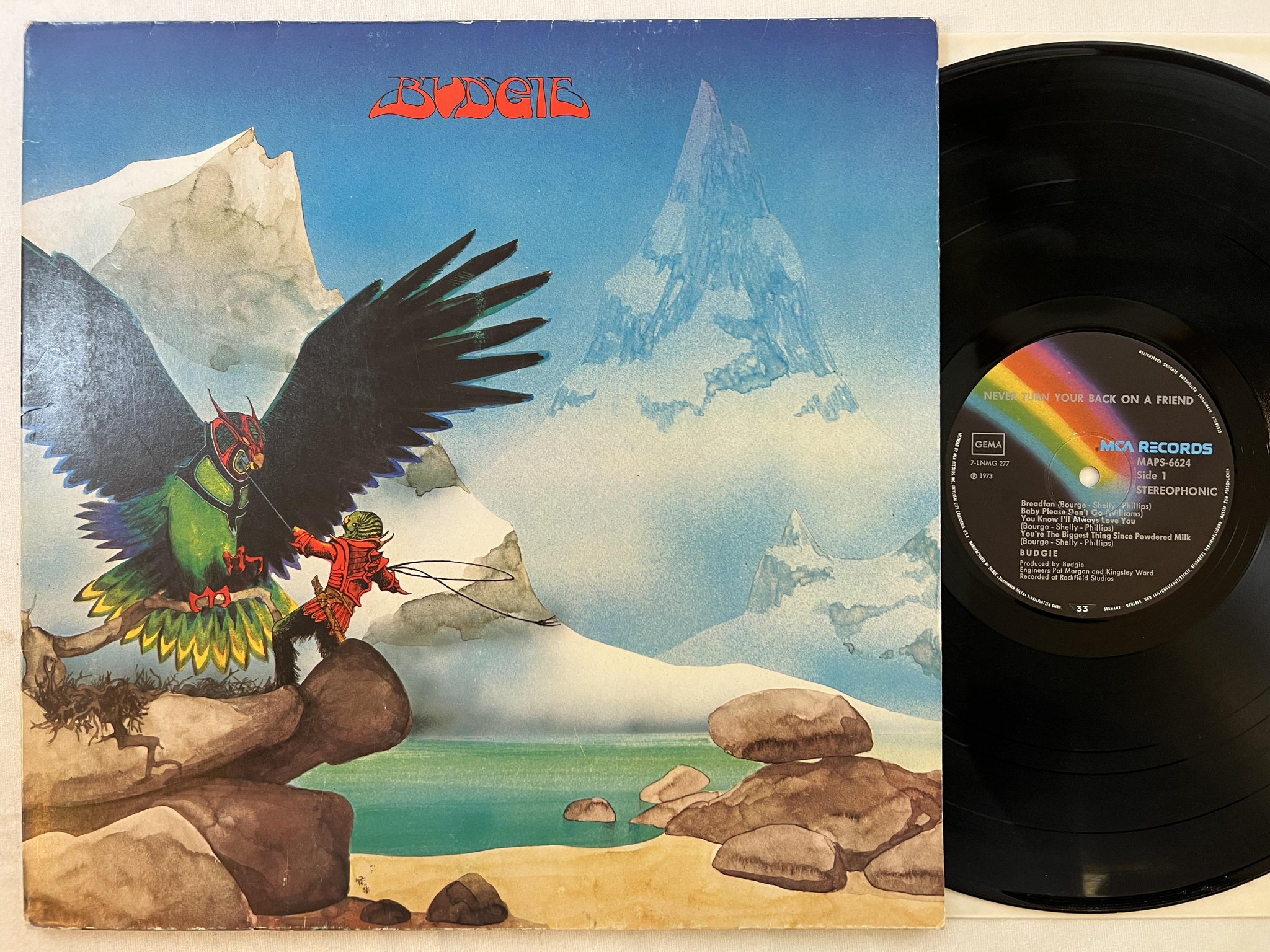 Omslagsbild för skivan BUDGIE never turn your back on a friend LP -73 Ger MCA MAPS 6624
