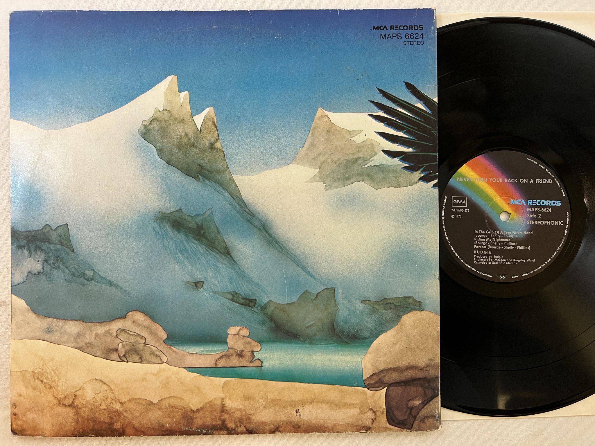 Omslagsbild för skivan BUDGIE never turn your back on a friend LP -73 Ger MCA MAPS 6624