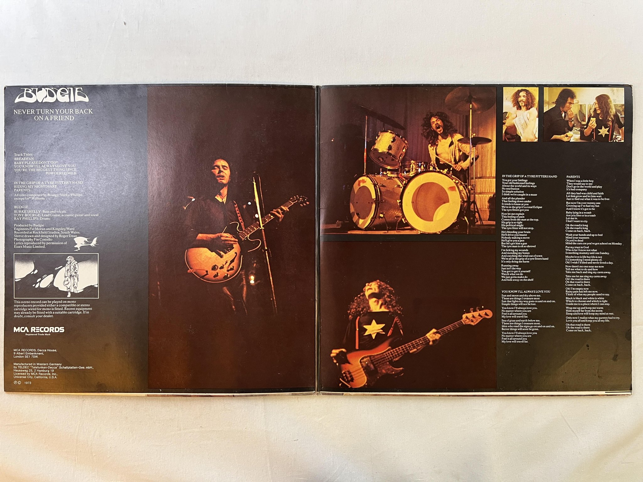 Omslagsbild för skivan BUDGIE never turn your back on a friend LP -73 Ger MCA MAPS 6624