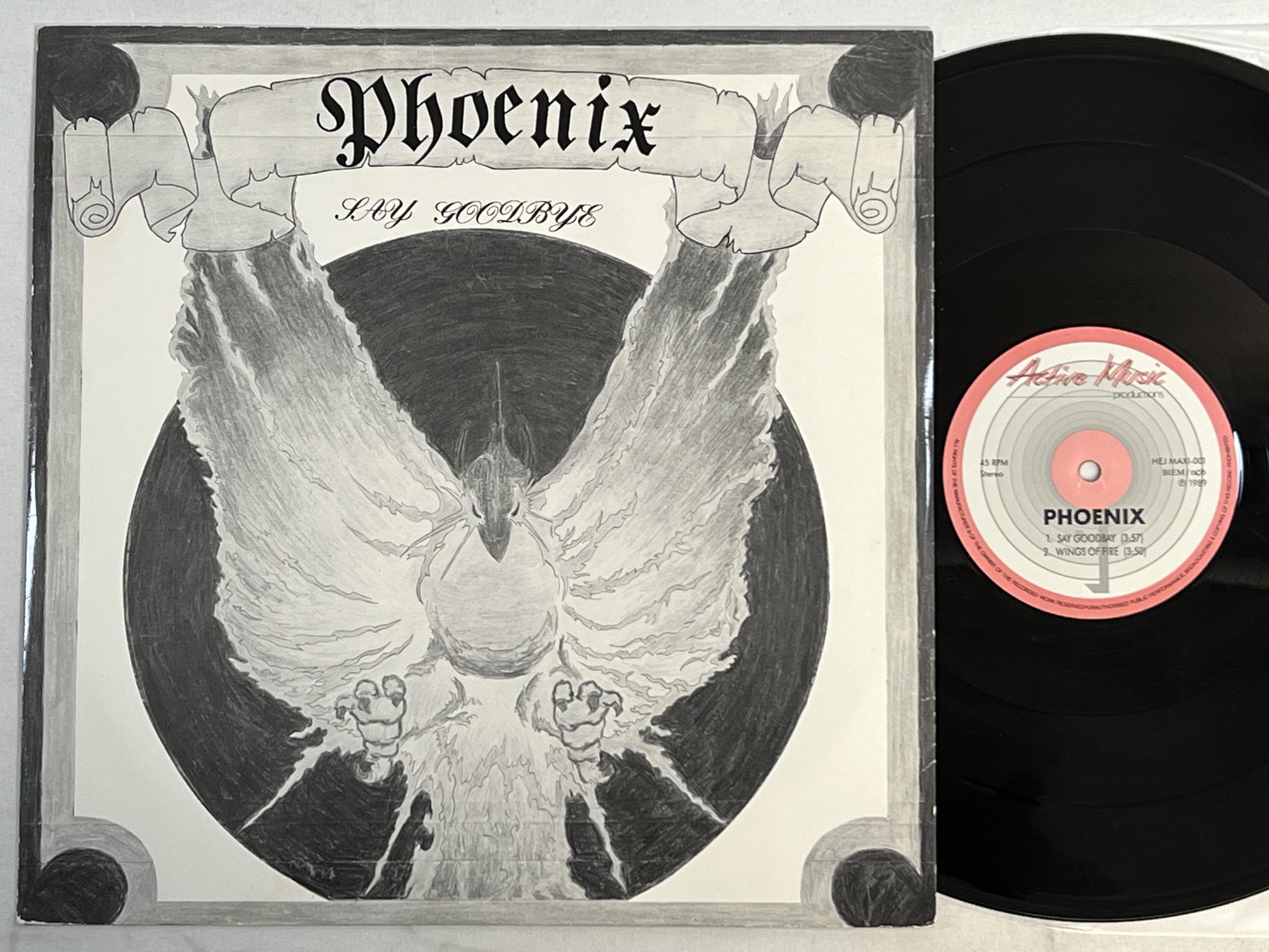 Omslagsbild för skivan PHONEIX Say Goodbye 12" Swe -89 ACTIVE MUSIC HEJ MAXI 001 ** Rare heavy metal **