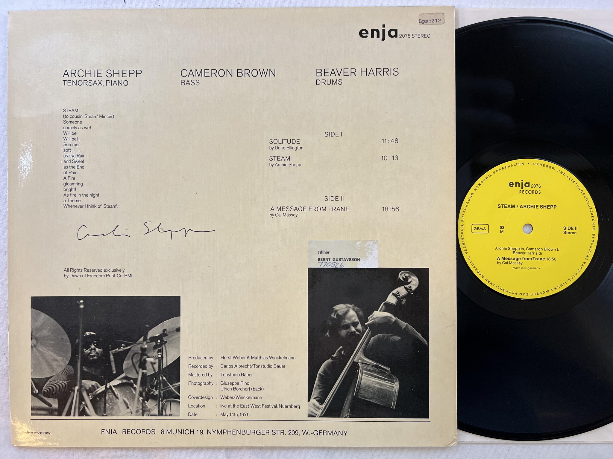 Omslagsbild för skivan ARCHIE SHEPP steam LP -76 Ger ENJA 2076