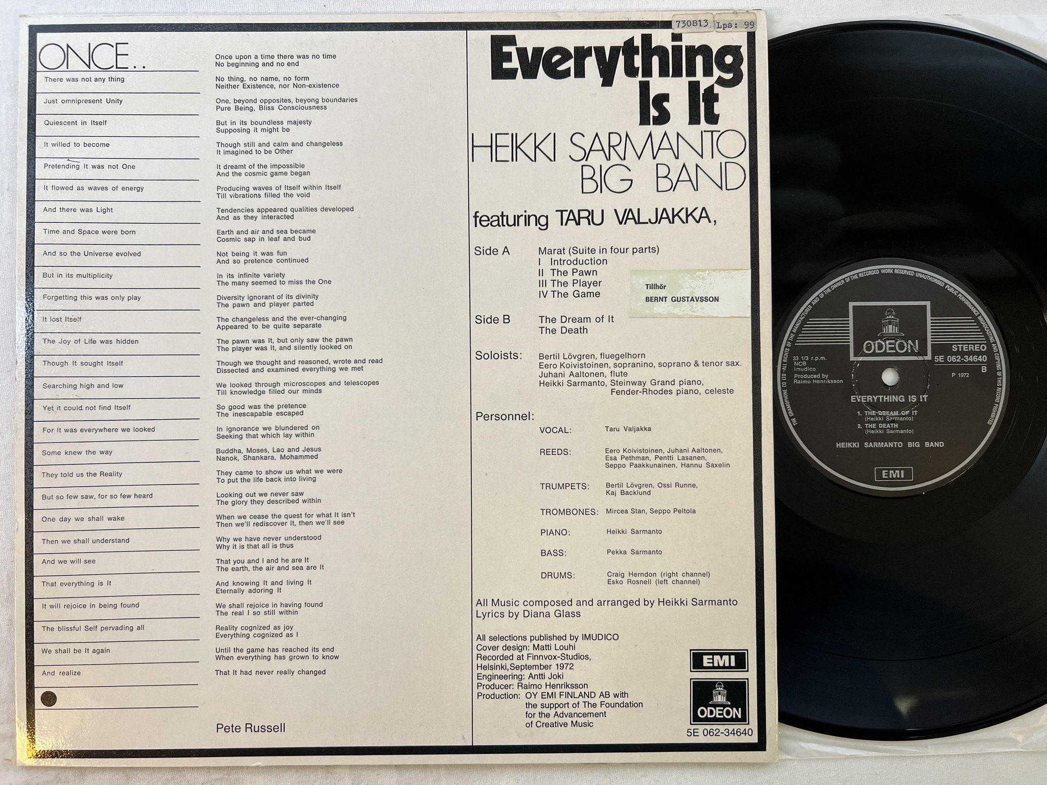 Omslagsbild för skivan HEIKKI SARMANTO BIG BAND everything is it LP -72 Fin ODEON 5E 062-34640