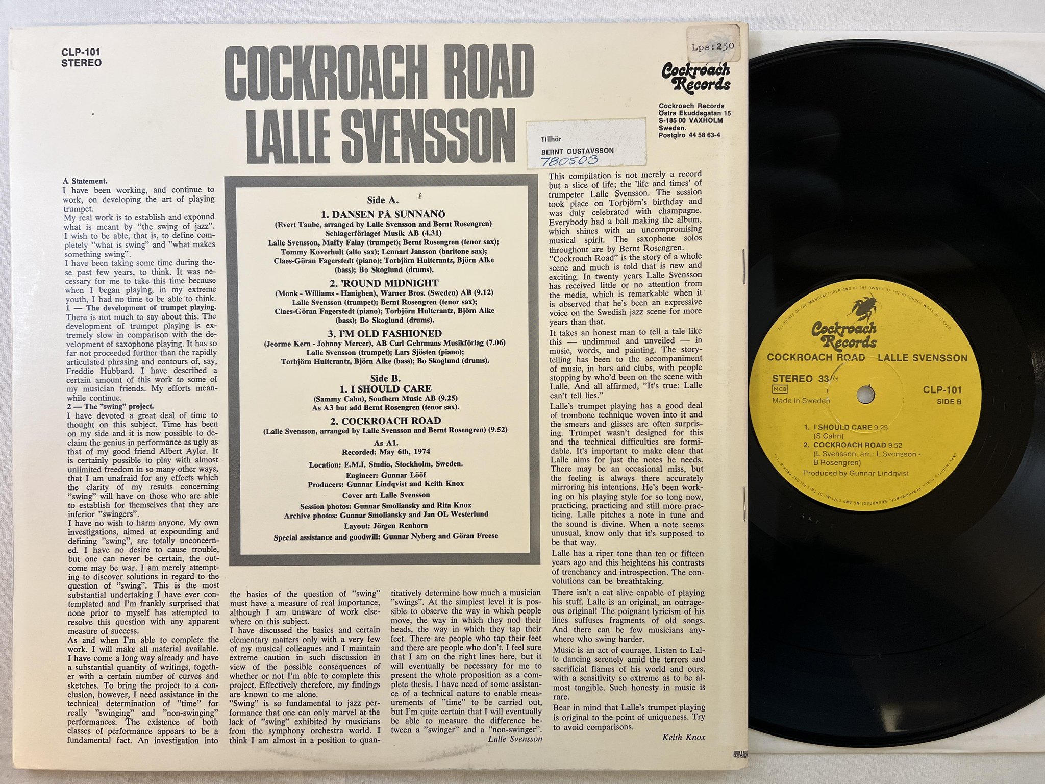 Omslagsbild för skivan LALLE SVENSSON cockroach road LP -74 Swe COCKROACH CLP-101
