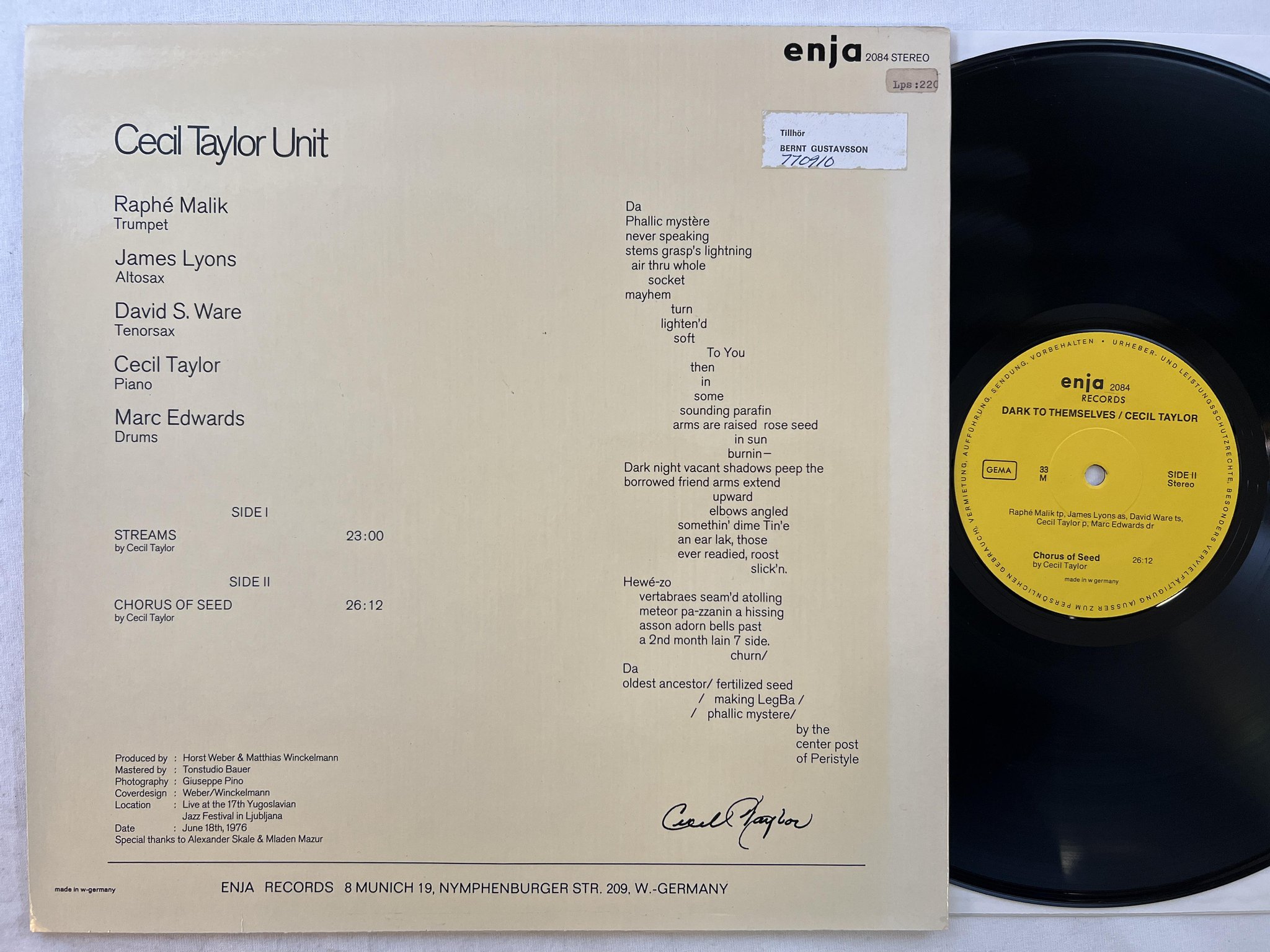 Omslagsbild för skivan CECIL TAYLOR UNIT dark to themselves LP -76 Ger ENJA 2084