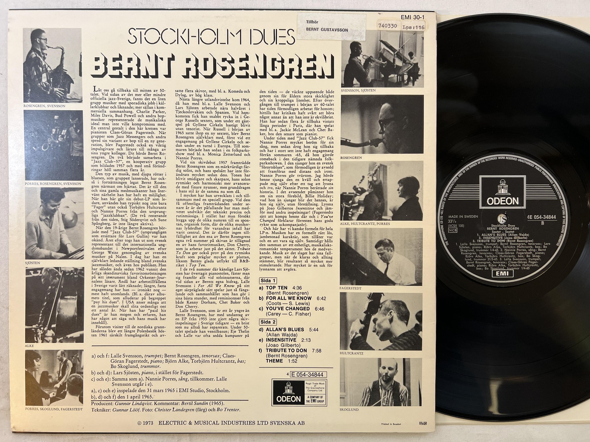 Omslagsbild för skivan BERNT ROSENGREN Stockholm dues LP re EMI/ODEON 4E 054-34844