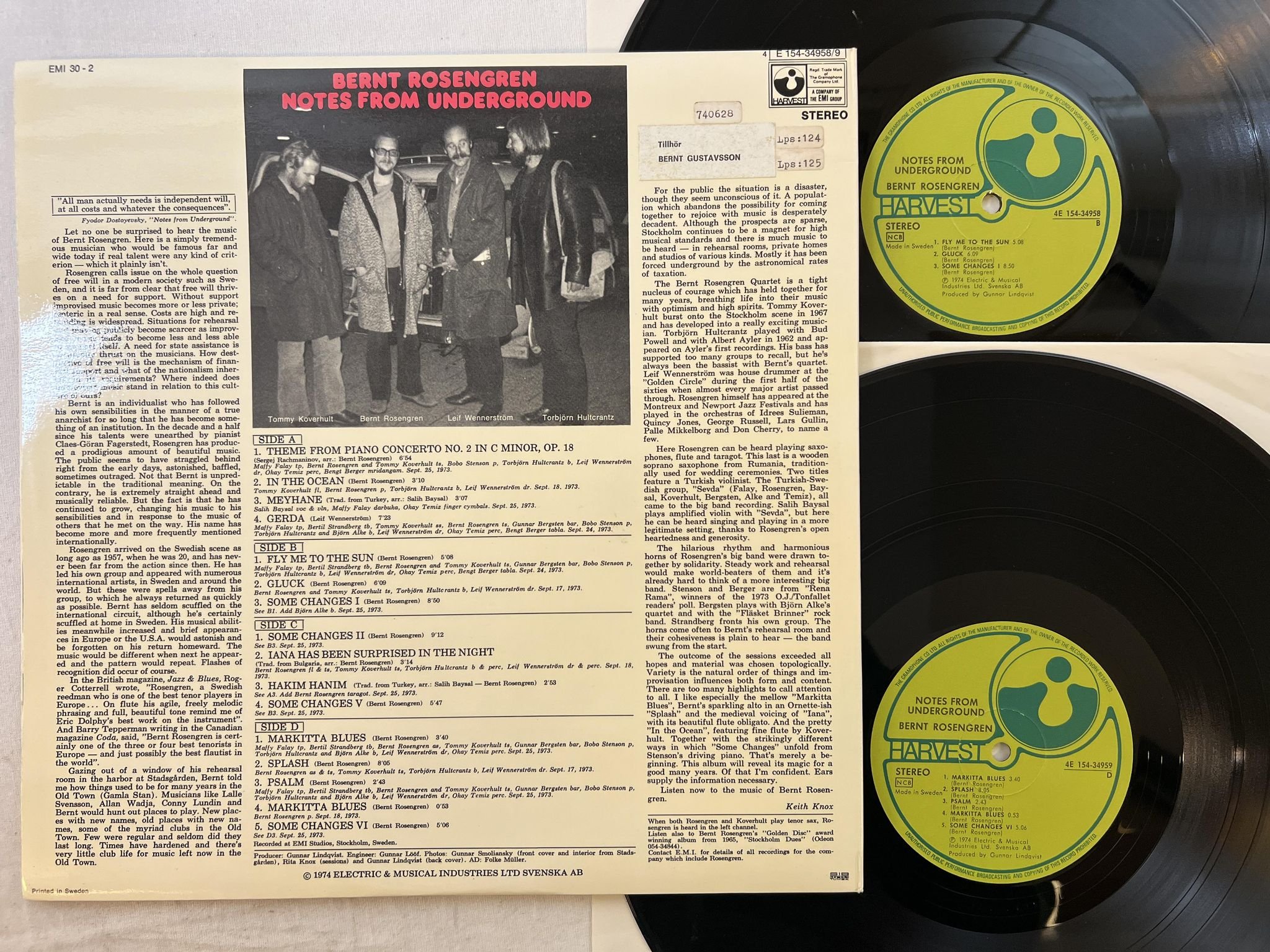 Omslagsbild för skivan BERNT ROSENGREN notes from underground 2xLP -74 HARVEST 4E 154-34958