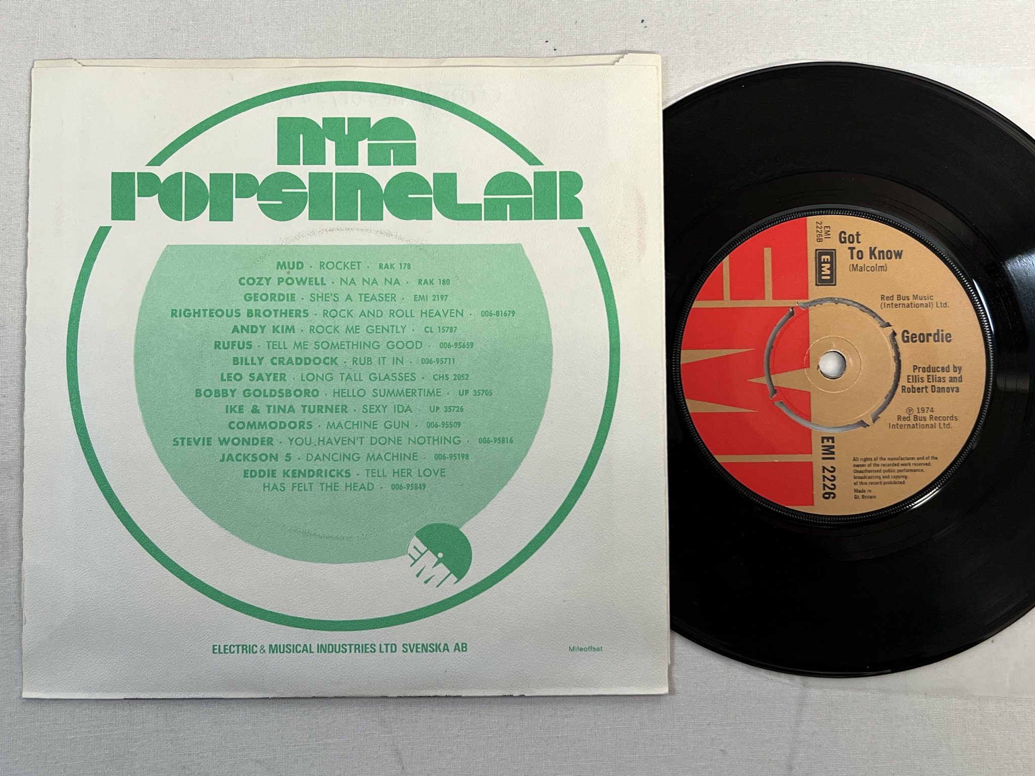 Omslagsbild för skivan GEORDIE ride on baby 7" -74 UK/Swe EMI 2226