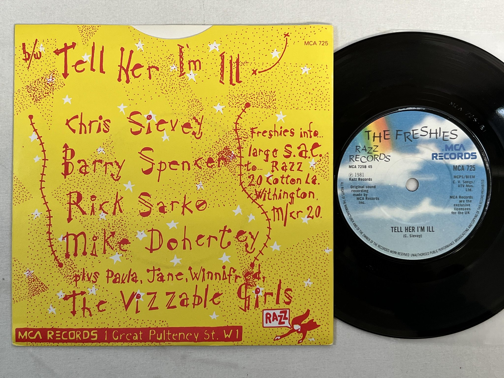 Omslagsbild för skivan THE FRESHIES I Can't Get "Bouncing Babies"... 7" -81 UK MCA 725 * POWER POP *