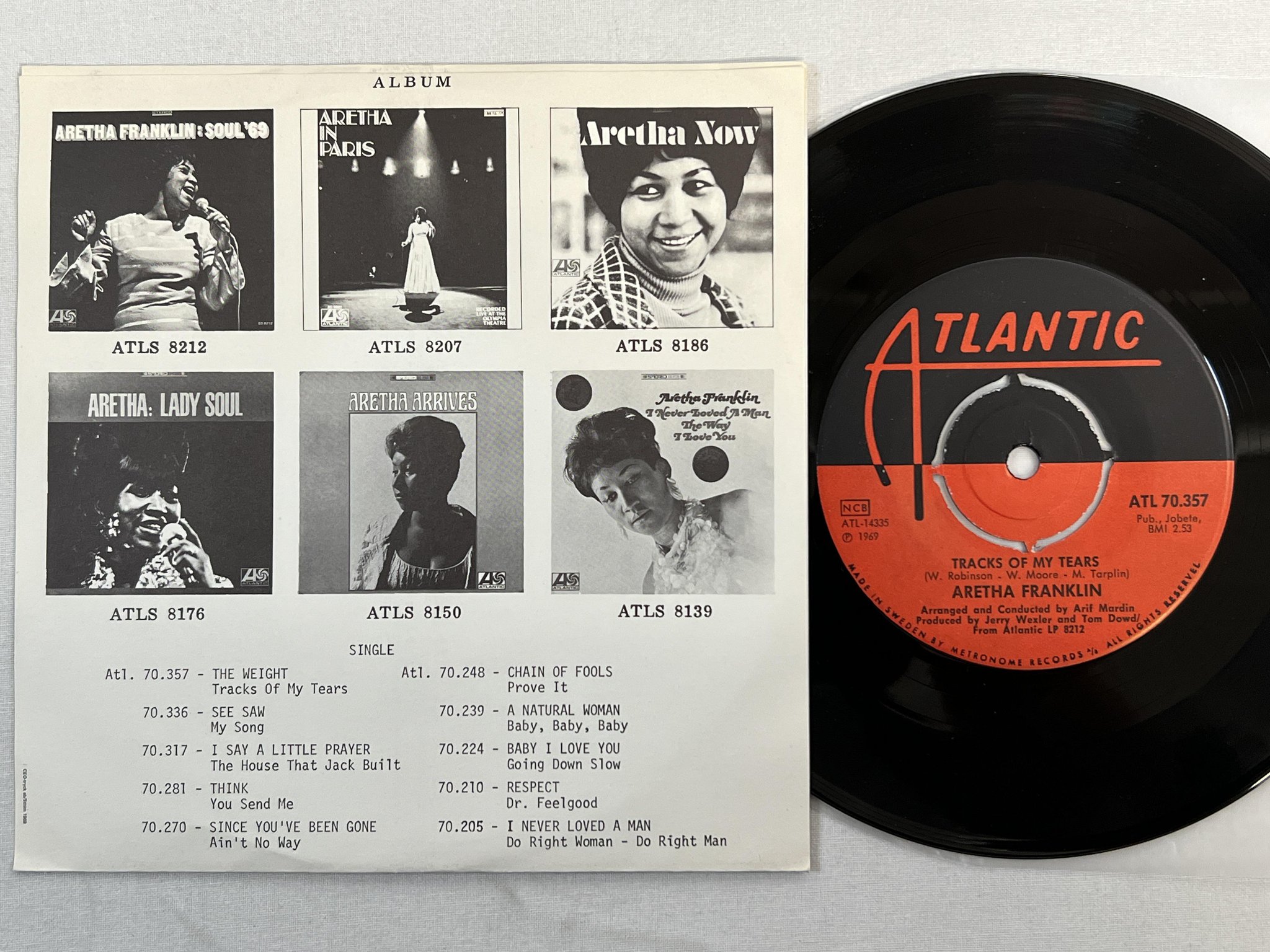 Omslagsbild för skivan ARETHA FRANKLIN the weight 7" Swe ATLANTIC ATL 70357 "tracks of my tears"