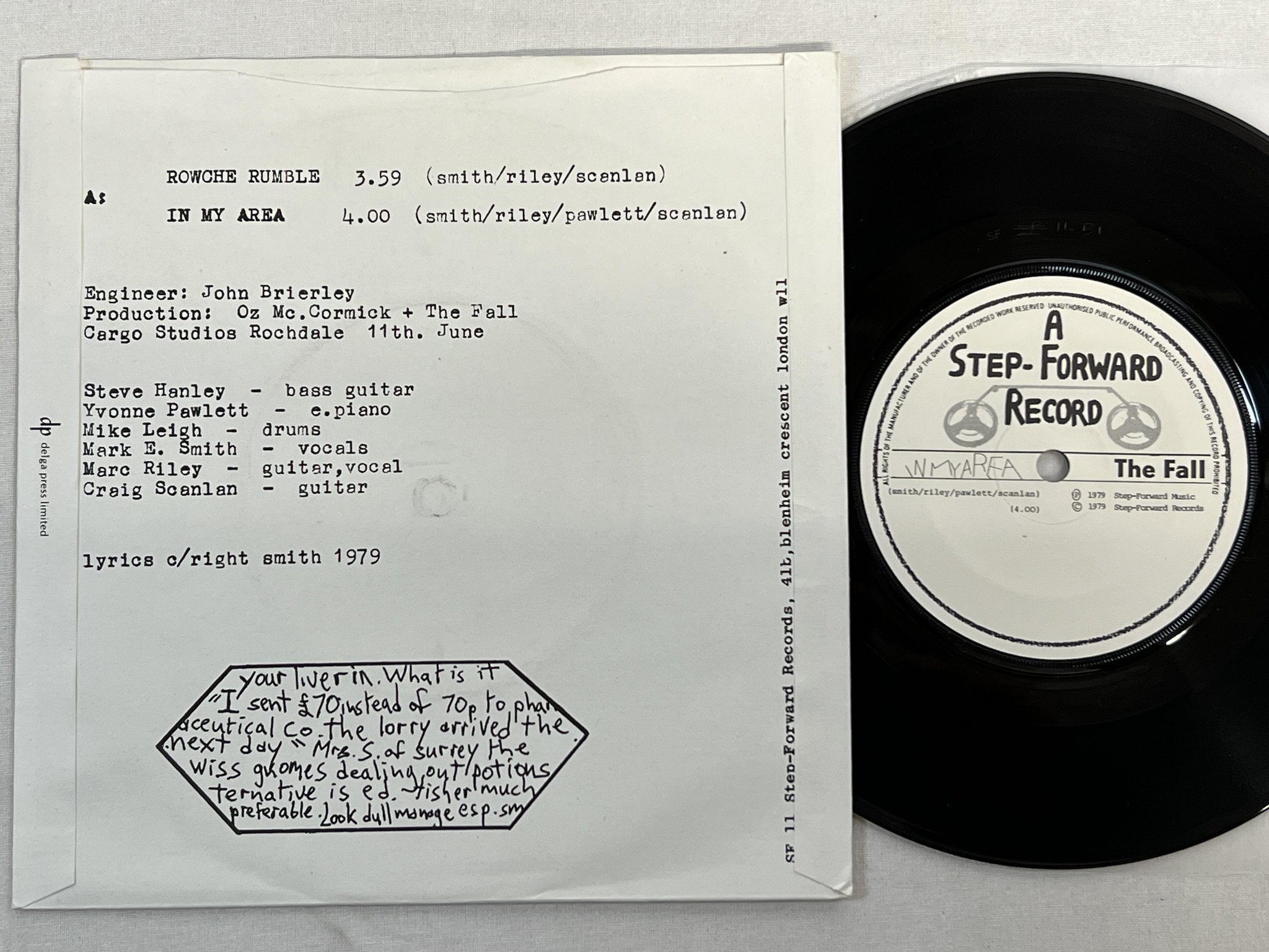 Omslagsbild för skivan THE FALL Rowche Rumble 7" -79 UK step-forward SF 11 ** new wave / punk **
