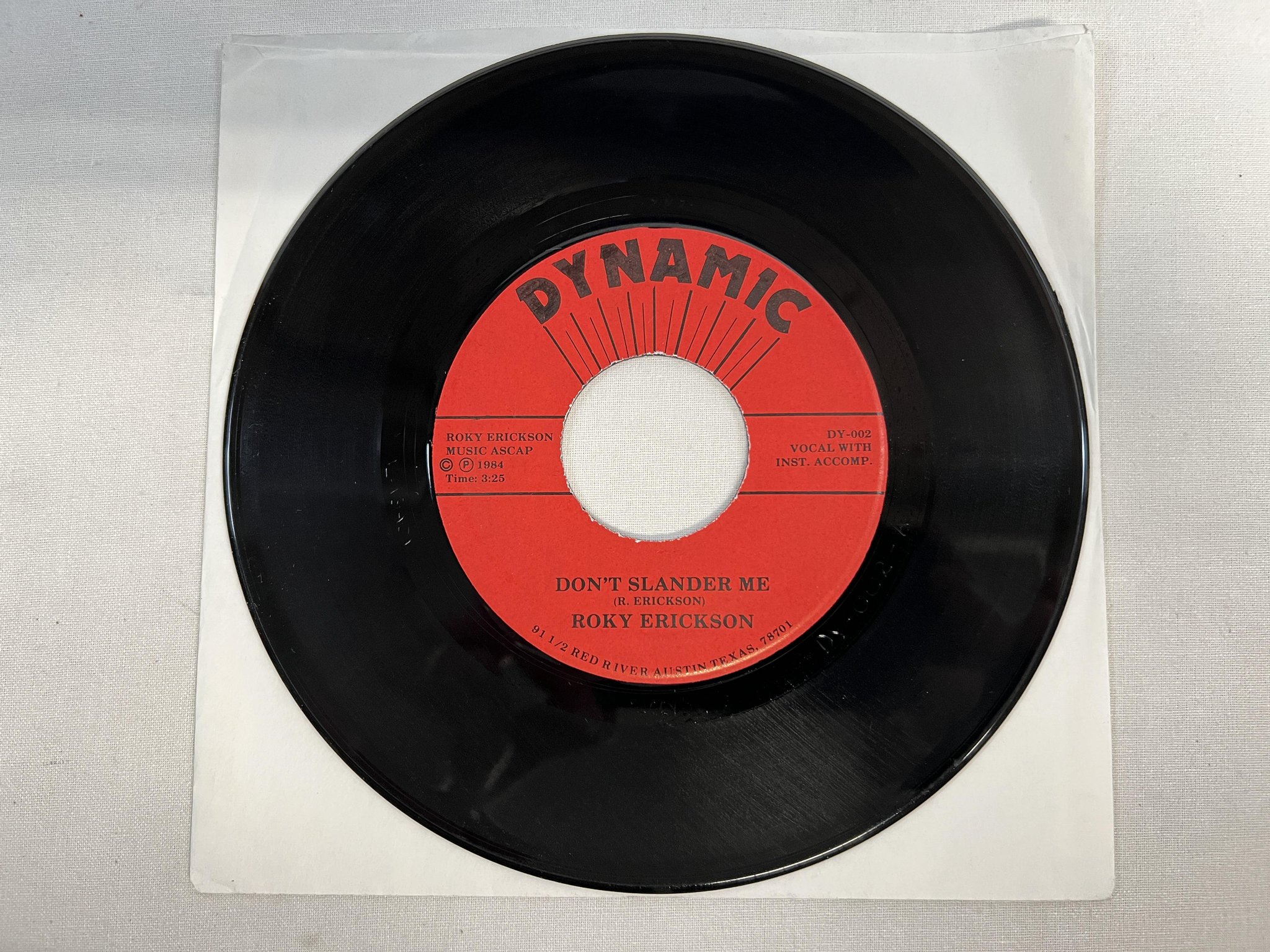 Omslagsbild för skivan ROKY ERICKSON Don't Slander Me 7" -84 US DYNAMIC DY-002 ** GARAGE ROCK **