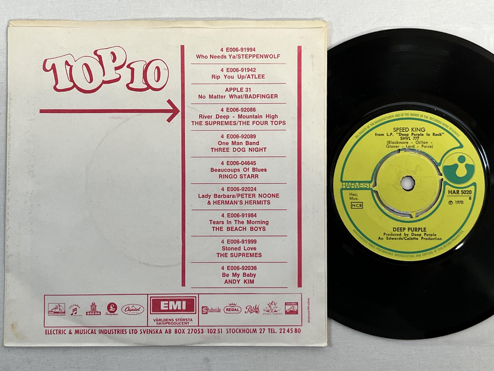 Omslagsbild för skivan DEEP PURPLE speed king 7"single -70 Swe HARVEST HAR 5020