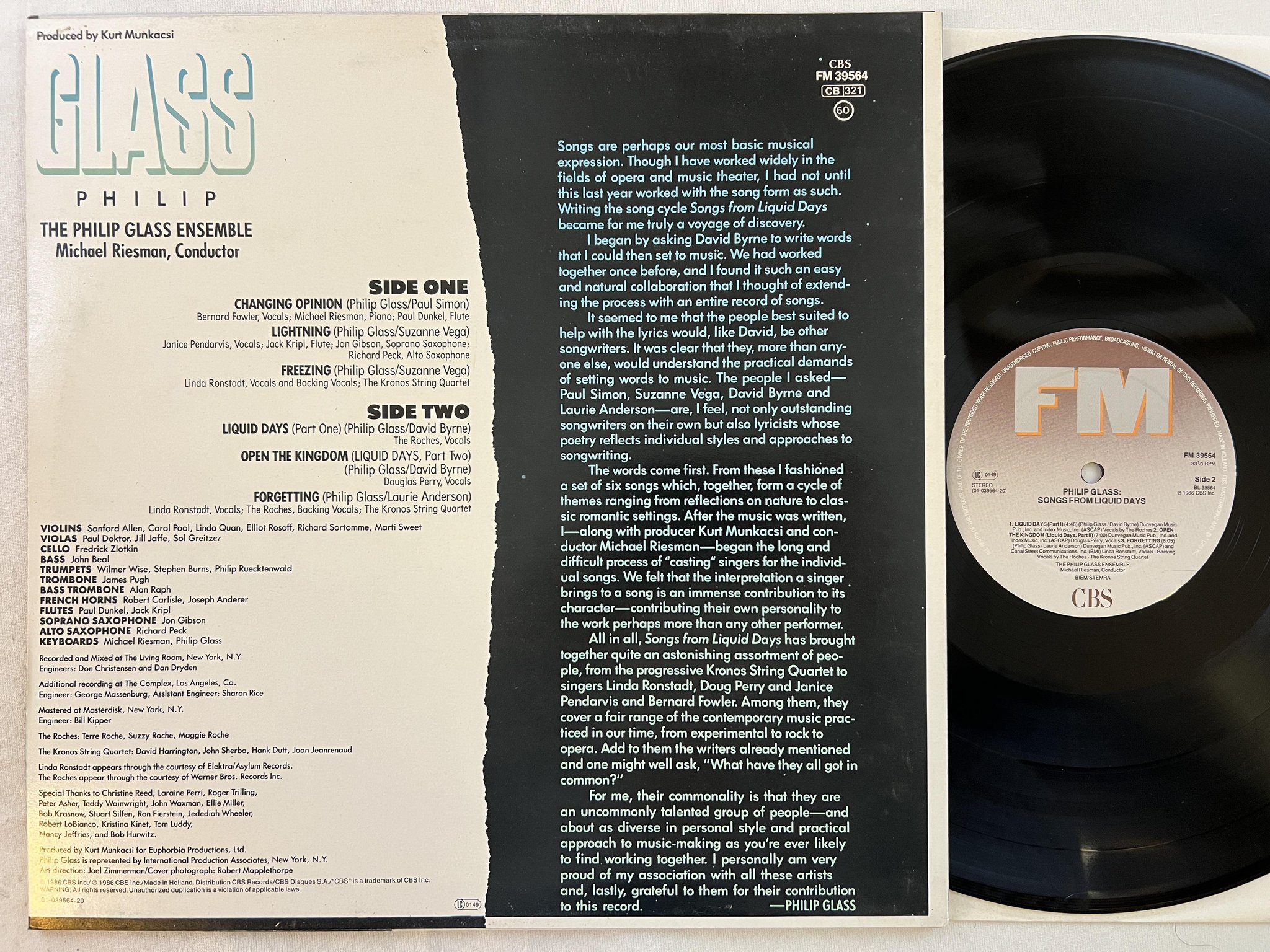 Omslagsbild för skivan PHILIP GLASS songs from liquid days LP -86 Hol FM 39564