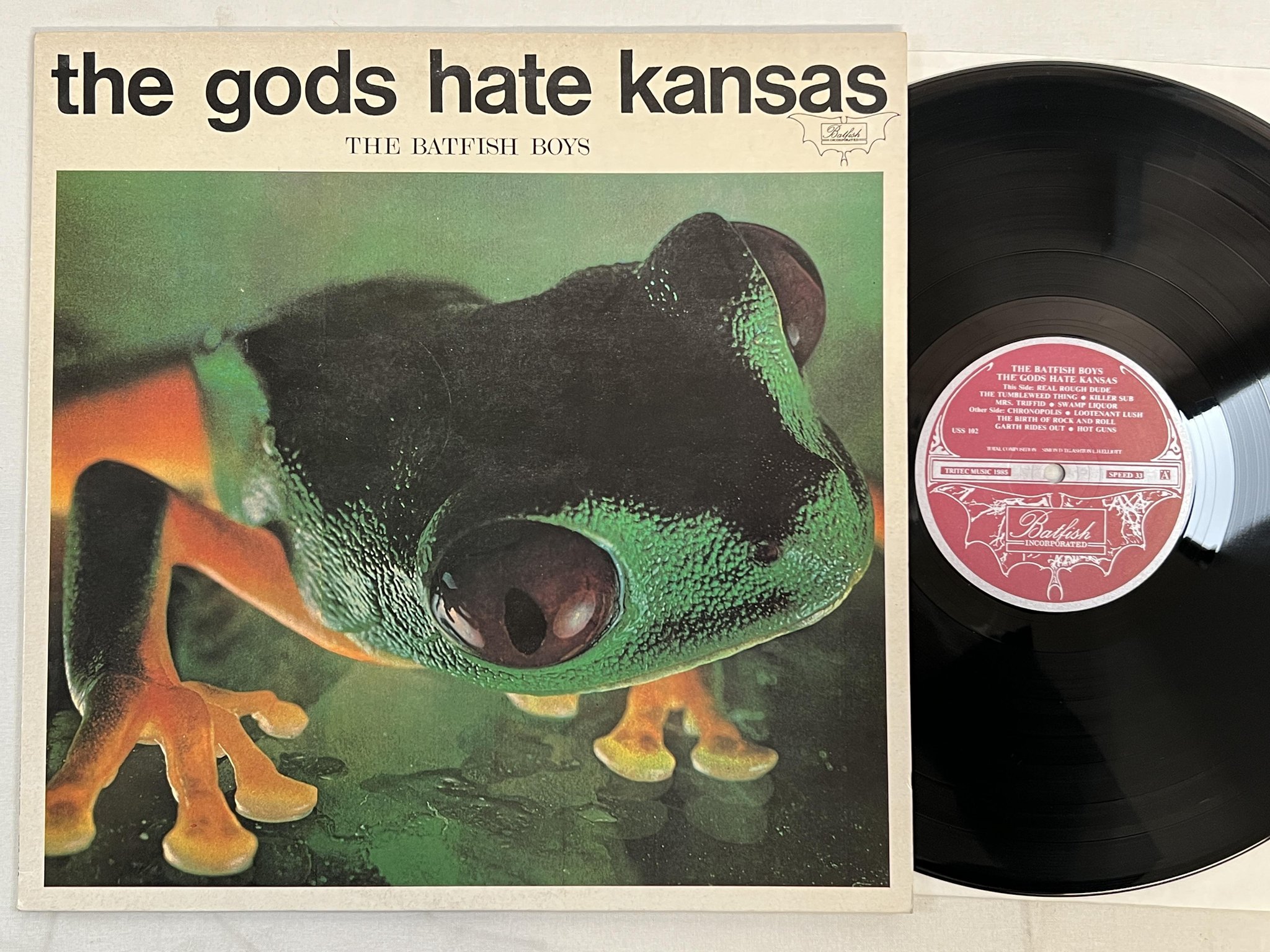 Omslagsbild för skivan THE BATFISH BOYS the gods hate kansas LP -85 UK USS 102 ** GOTH / NEW WAVE **
