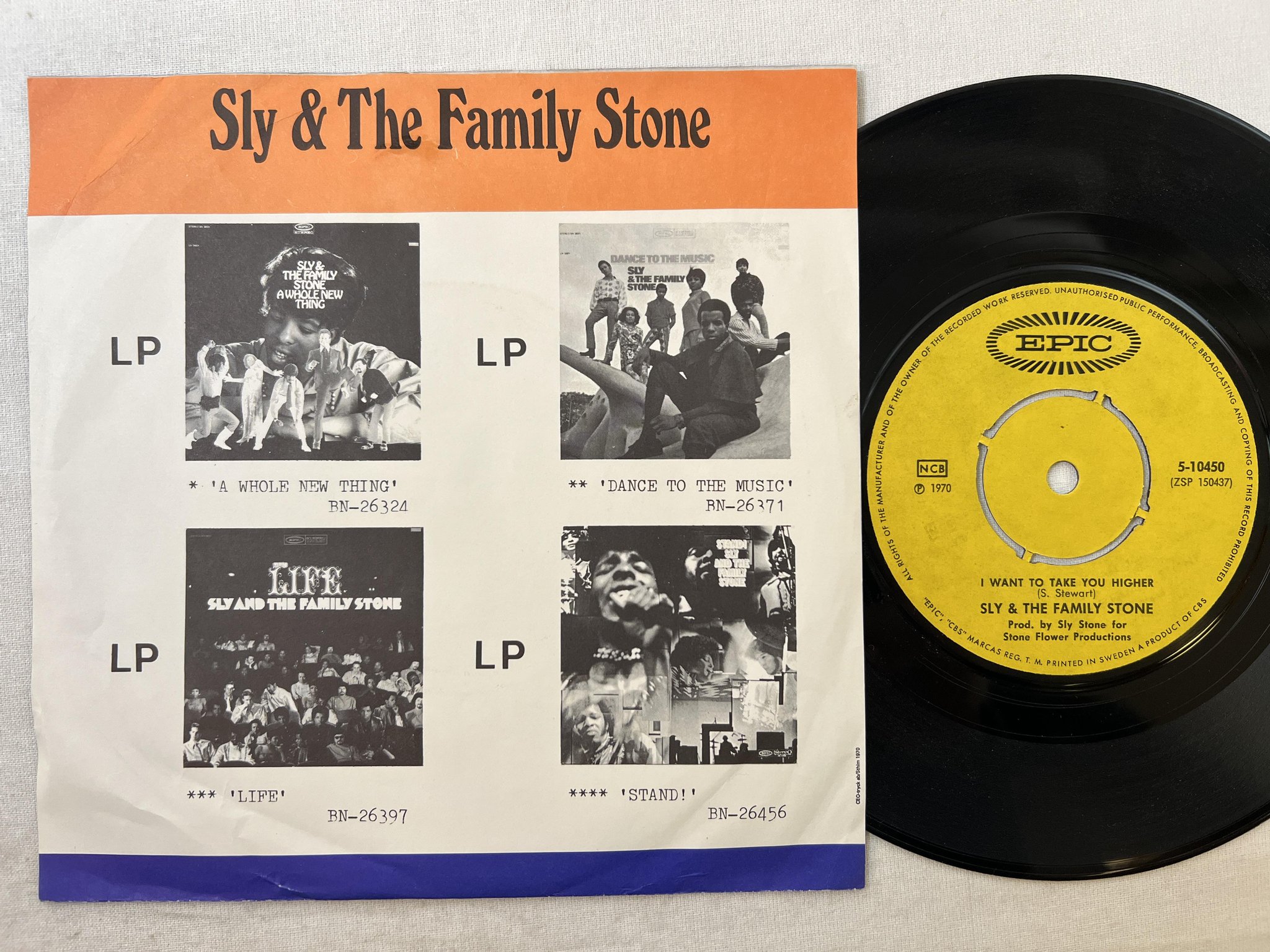 Omslagsbild för skivan SLY & THE FAMILY STONE I want to take you higher 7"single -70 ncb EPIC 5-10450