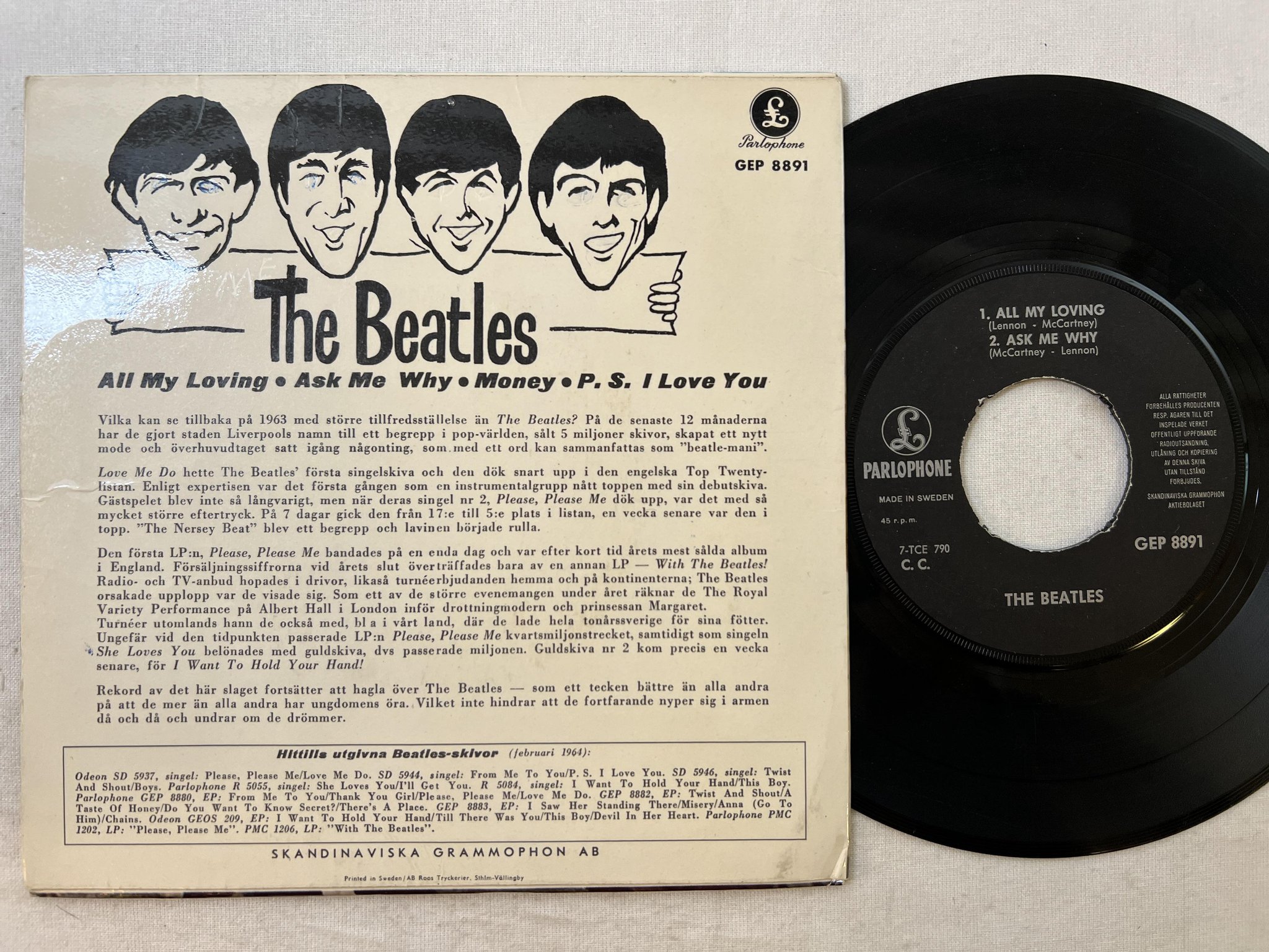 Omslagsbild för skivan THE BEATLES all my loving 7" -64 Swe PARLOPHONE GEP 8891