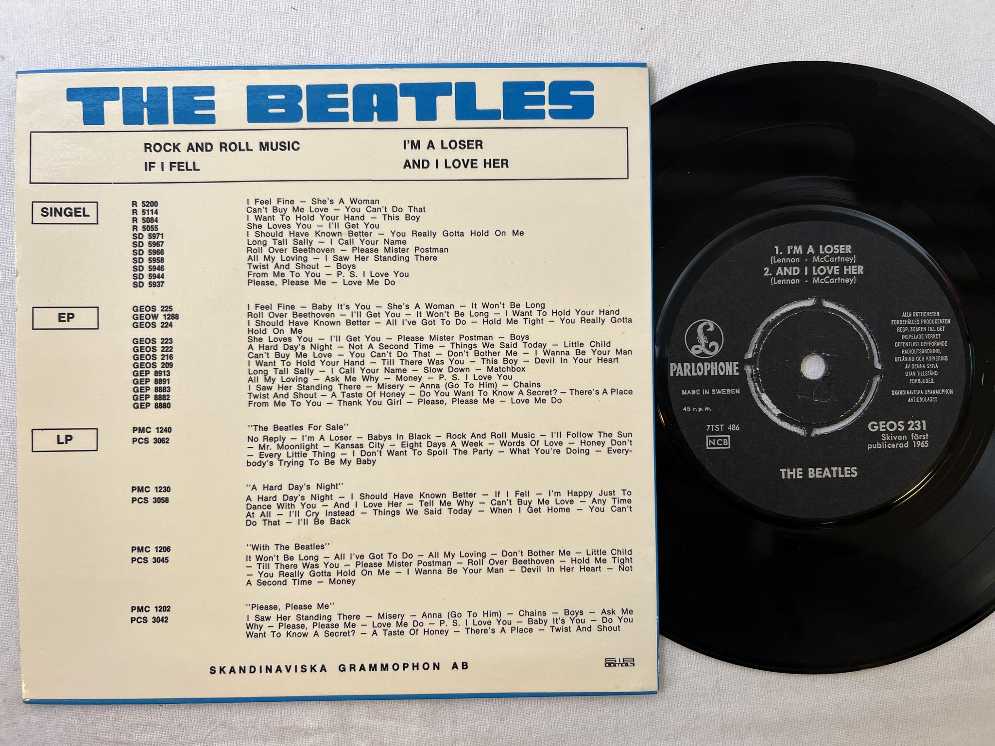 Omslagsbild för skivan THE BEATLES rock and roll music 7" -65 Swe PARLOPHONE GEOS 231