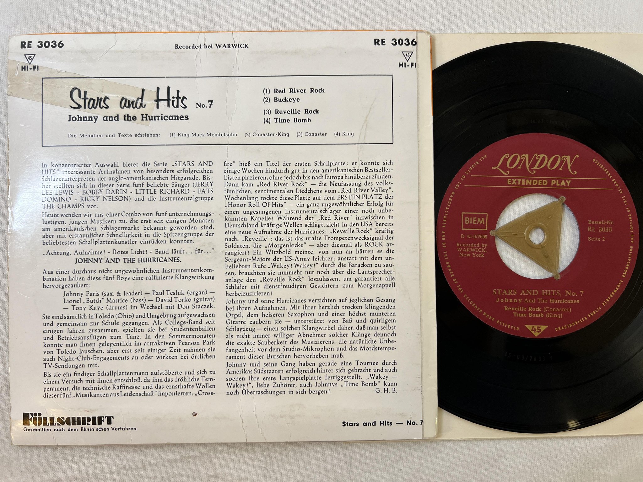 Omslagsbild för skivan JOHNNY & THE HURRICANES stars & hits 7 7" -60 Ger LONDON RE 3036 * rock n roll *