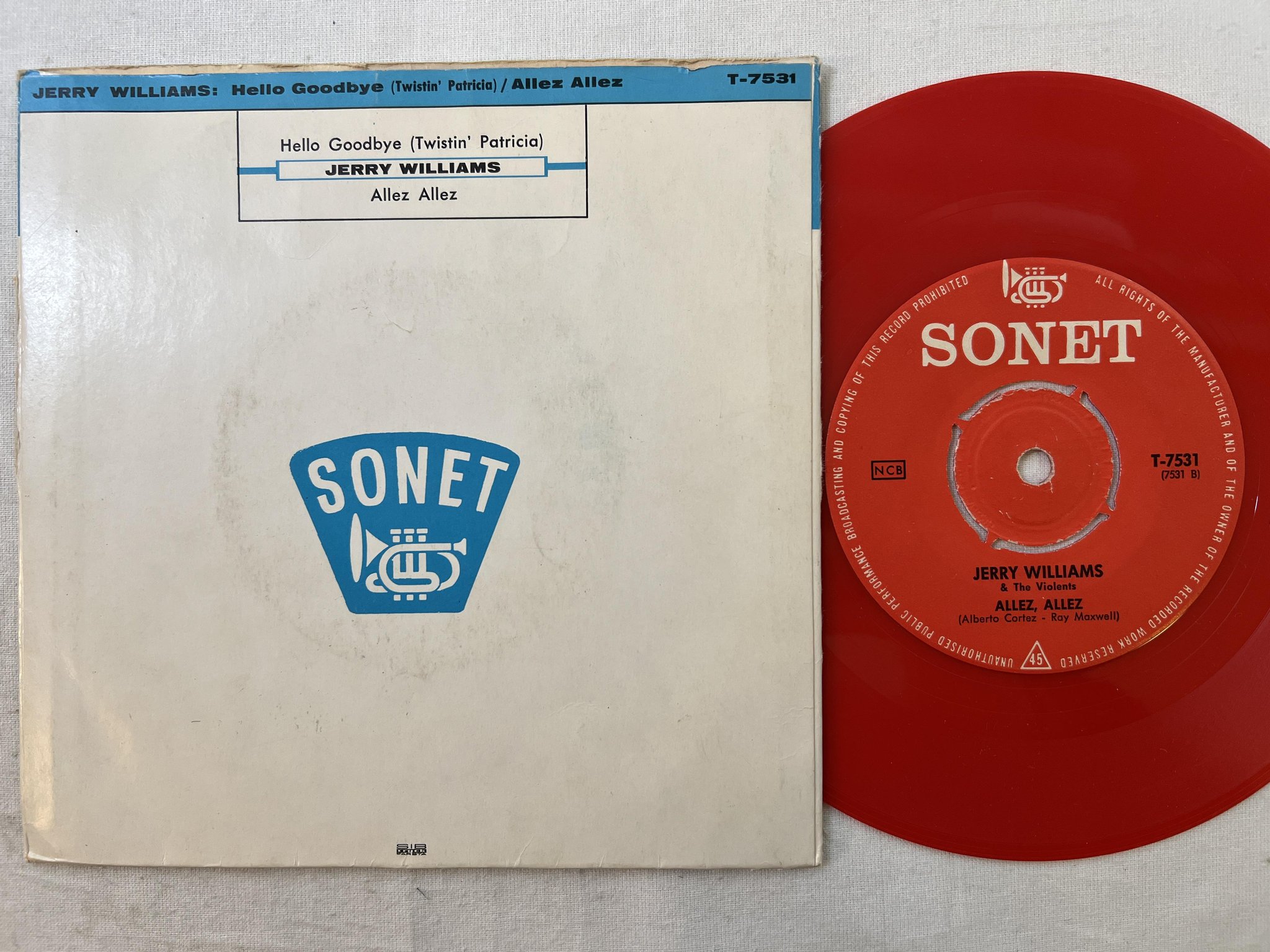 Omslagsbild för skivan JERRY WILLIAMS allez allez 7"single SONET T-7531 ** red vinyl **