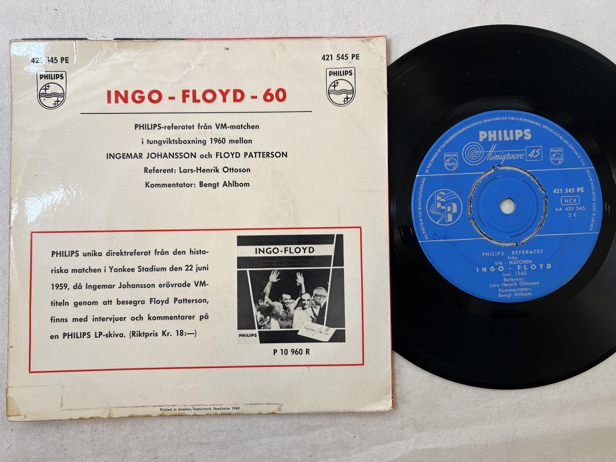 Omslagsbild för skivan INGO & FLOYD referatet från VM - matchen Juni 1960 7"single PHILIPS 421 545 PE