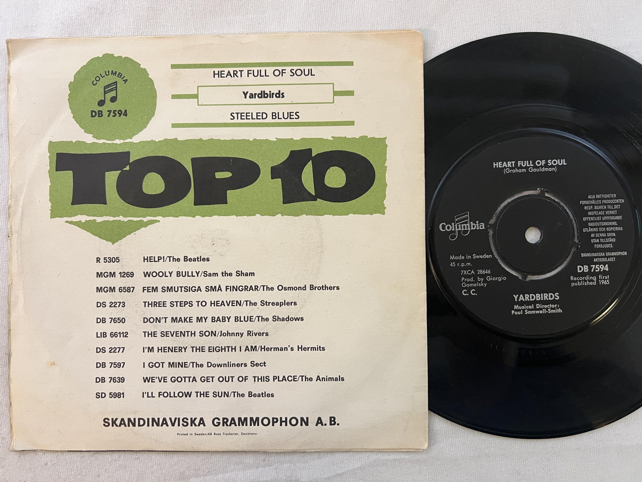 Omslagsbild för skivan YARDBIRDS heart full of soul 7"single -65 Swe COLUMBIA DB 7594