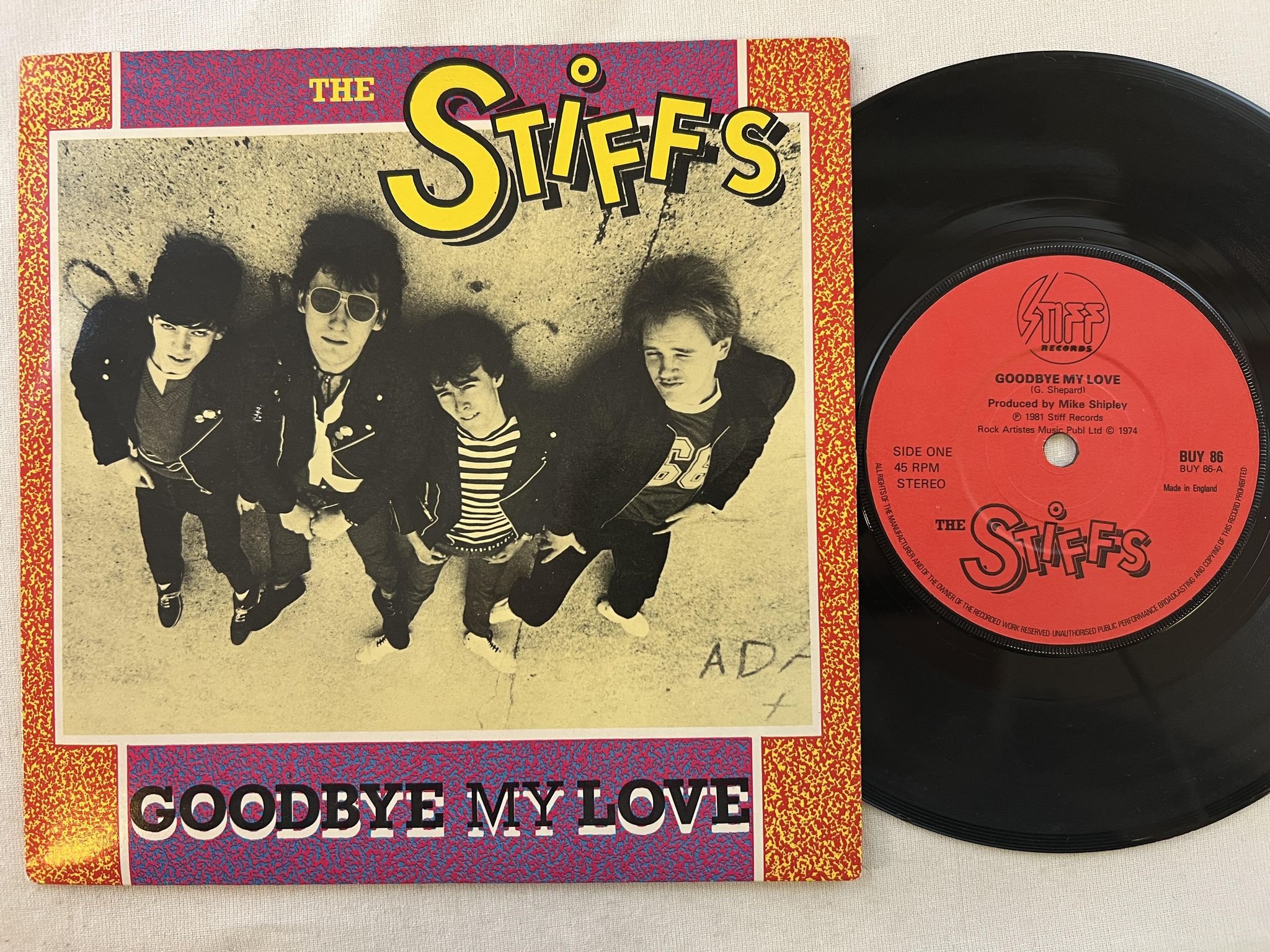 Omslagsbild för skivan THE STIFFS goodbye my love 7"single -81 UK STIFF BUY 86