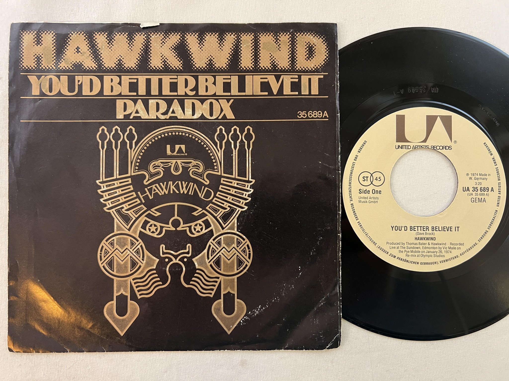 Omslagsbild för skivan HAWKWIND you'd better believe it 7"single -74 Ger UNITED UA 35689