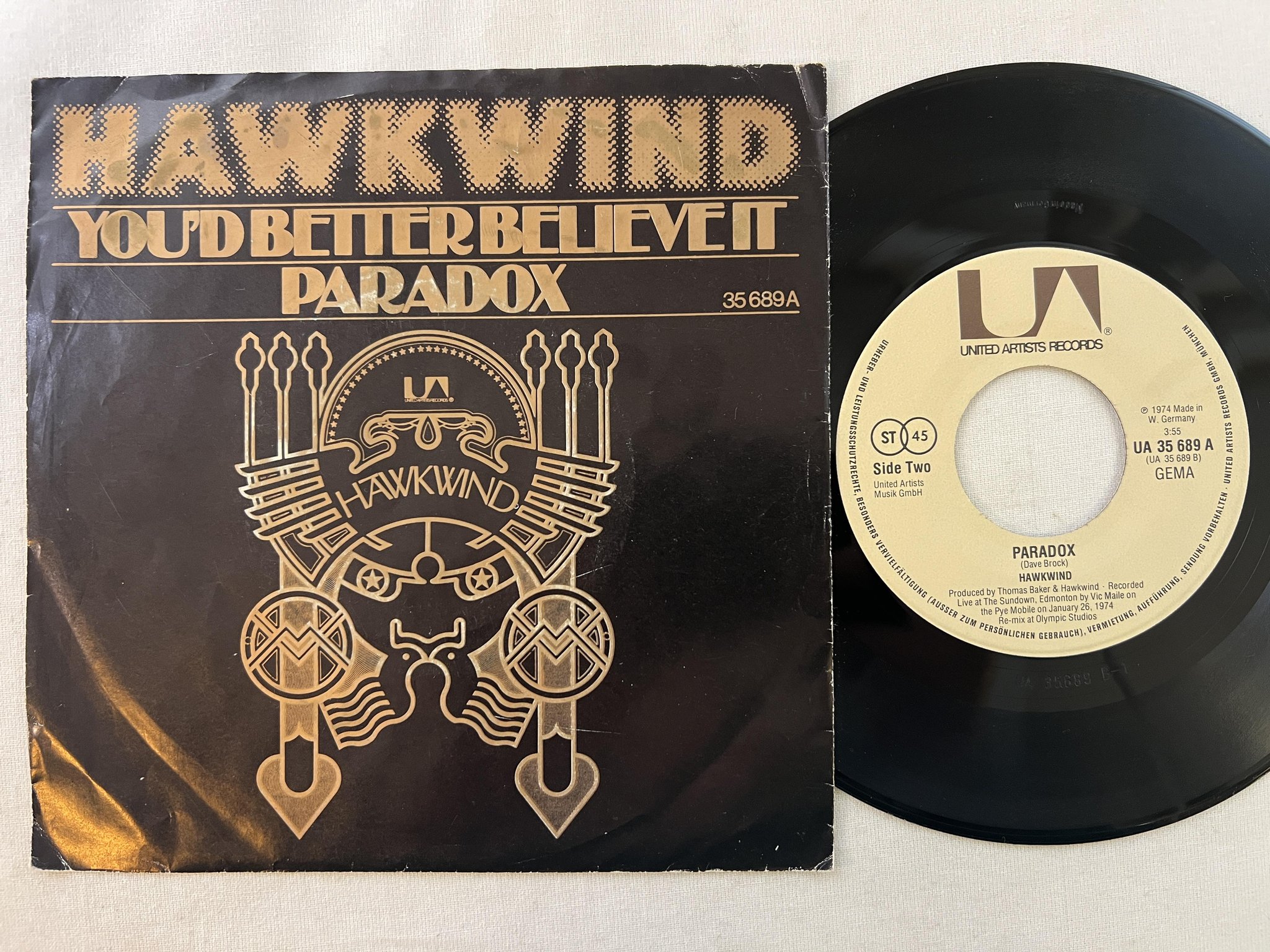 Omslagsbild för skivan HAWKWIND you'd better believe it 7"single -74 Ger UNITED UA 35689
