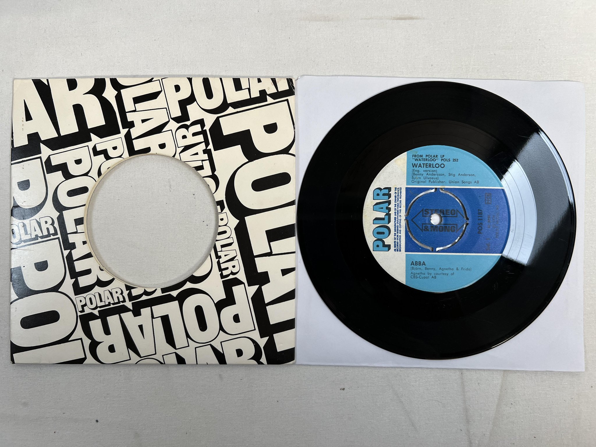 Omslagsbild för skivan ABBA waterloo 7"single -74 Swe POLAR POS 1187 *RARE FIRST VERSION **