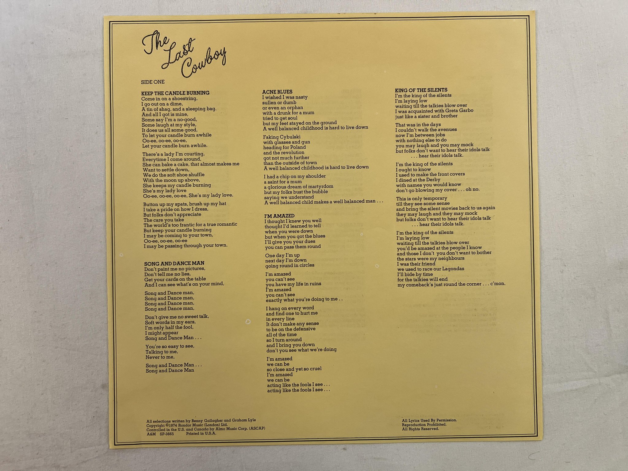 Omslagsbild för skivan GALLAGHER & LYLE the last cowboy LP -74 US A&M SP 3665