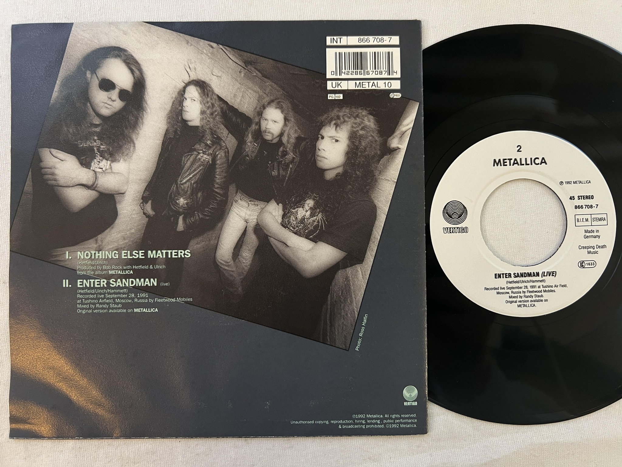 Omslagsbild för skivan METALLICA nothing else matters 7"single -92 VERTIGO 866708-7