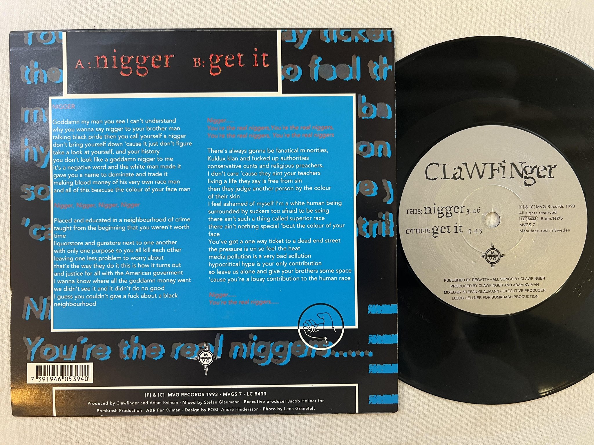 Omslagsbild för skivan CLAWFINGER n*gger 7"single -93 MVG MVGS 7 ** RARE **