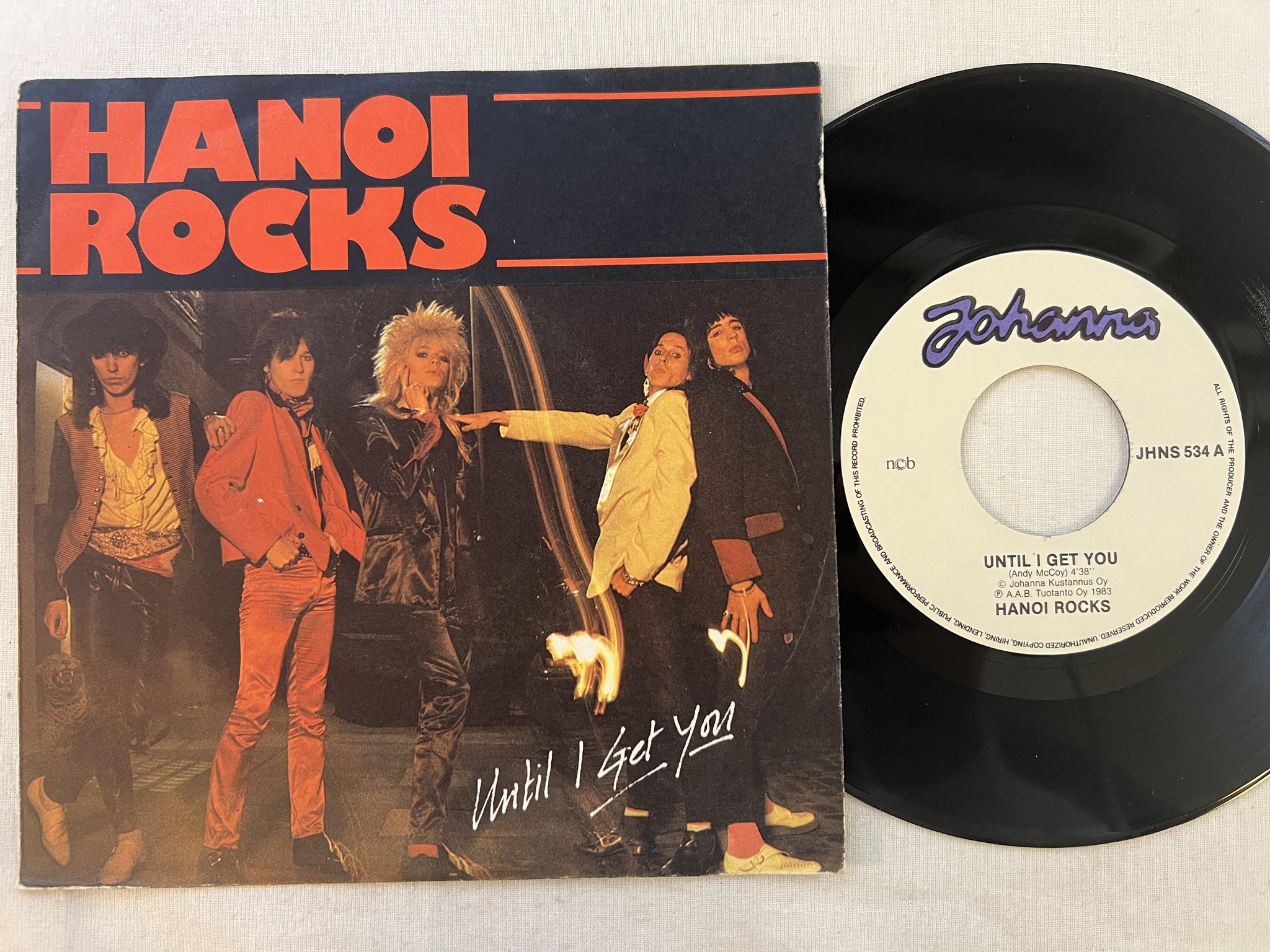 Omslagsbild för skivan HANOI ROCKS until I get you / Rebel On The Run 7" -83 Finland JOHANNA JHNS 534