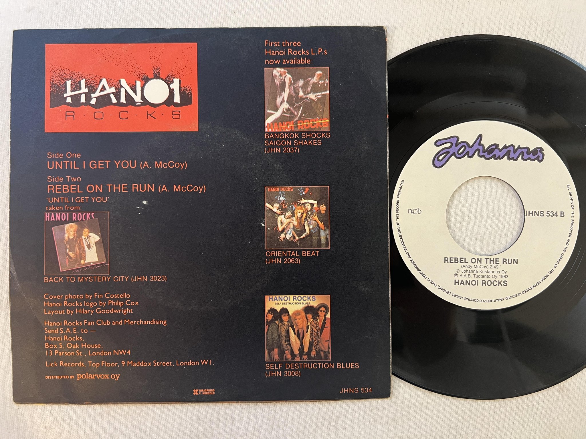 Omslagsbild för skivan HANOI ROCKS until I get you / Rebel On The Run 7" -83 Finland JOHANNA JHNS 534
