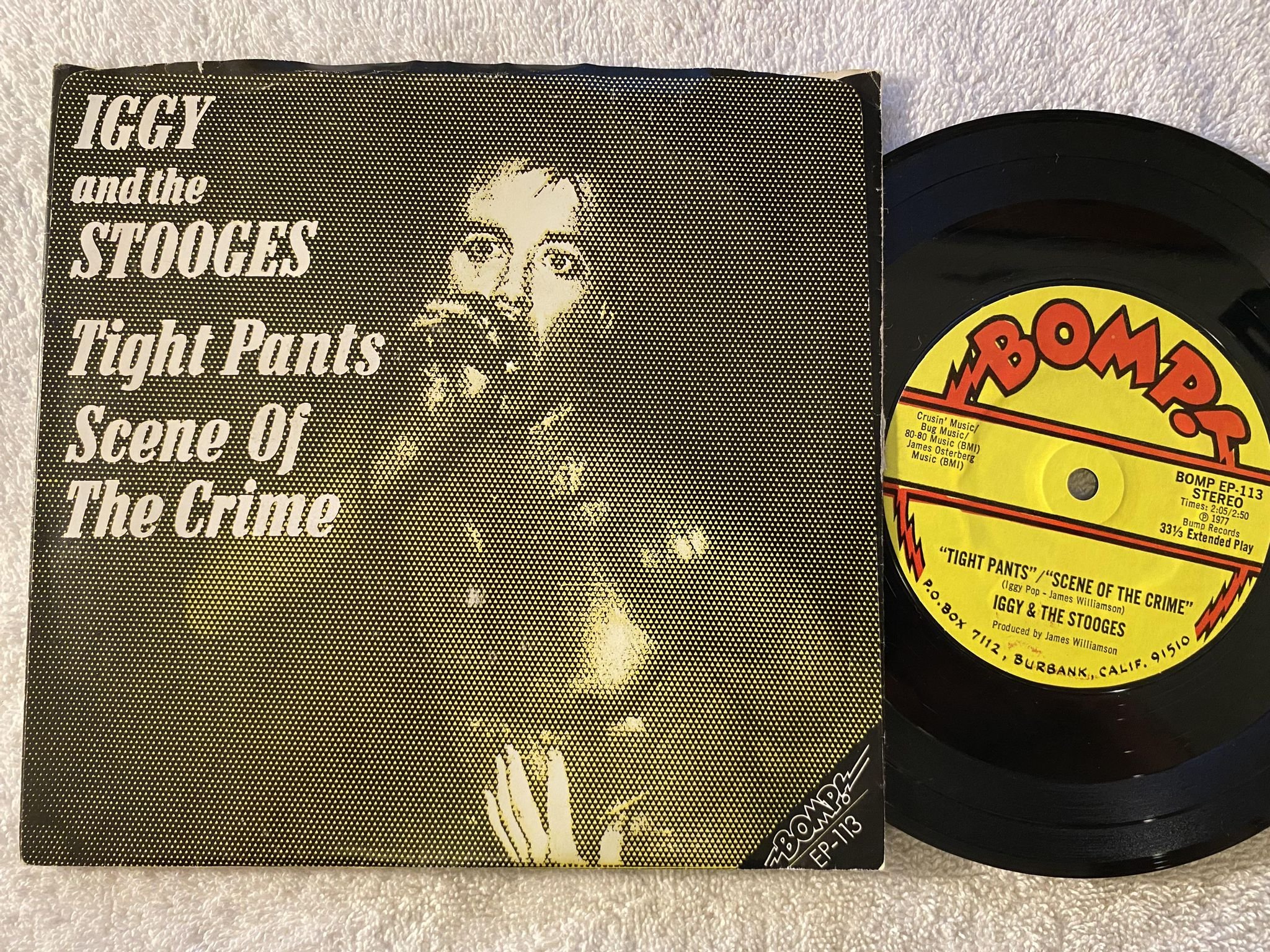 Omslagsbild för skivan IGGY & THE STOOGES tight pants 7"single -77 US BOMP EP-113