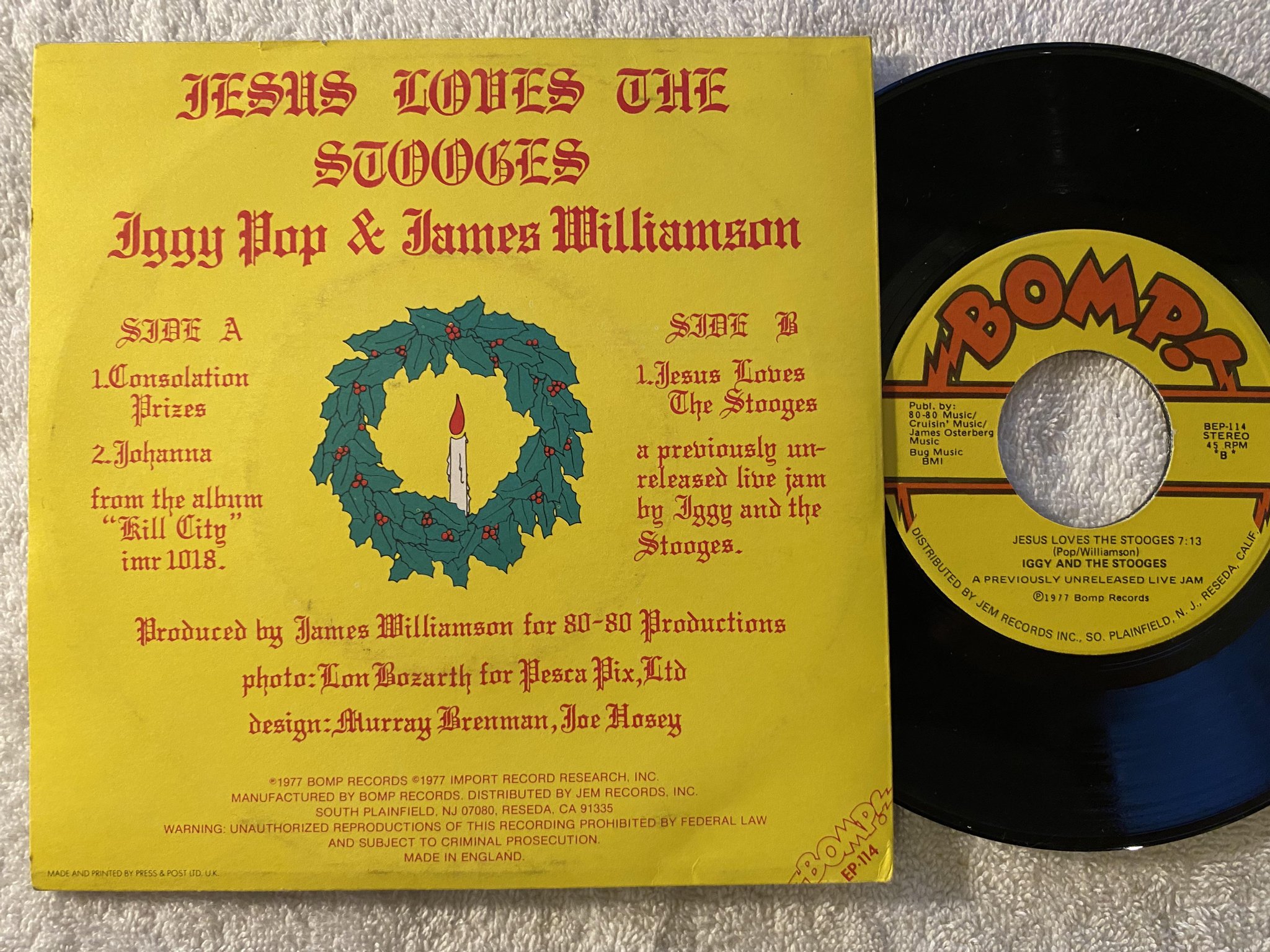 Omslagsbild för skivan IGGY & THE STOOGES jesus loves the Stooges 7" -77 US BOMP BEP-114