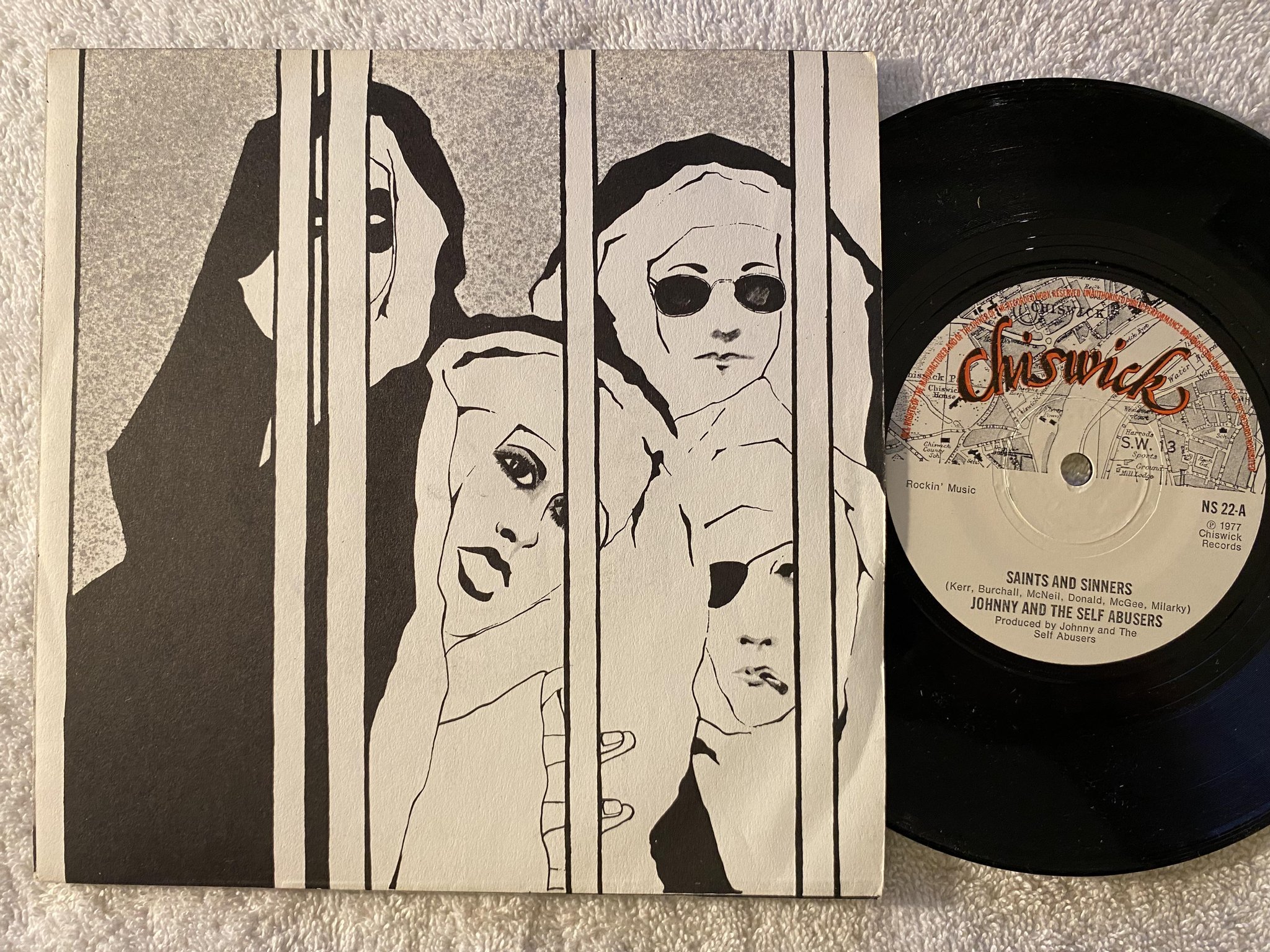 Omslagsbild för skivan JOHNNY & THE SELF ABUSERS saints & sinners 7" -77 UK CHISWICK NS-22 ** punk **