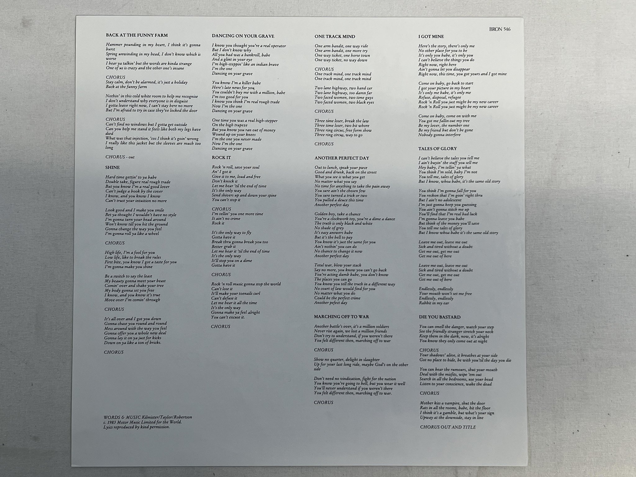 Omslagsbild för skivan MOTÖRHEAD another perfect day LP -83 BRON 546