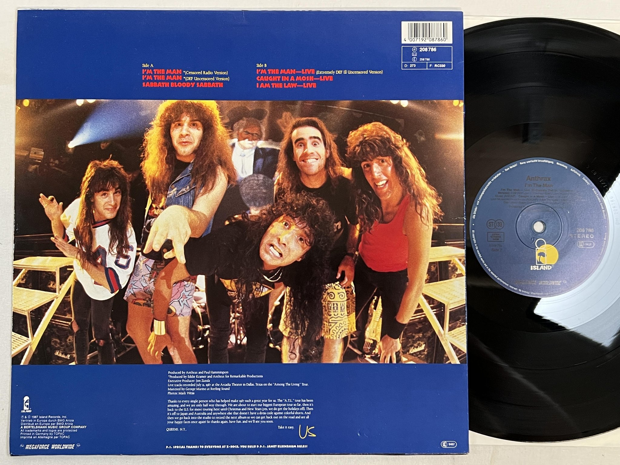Omslagsbild för skivan ANTHRAX I'm the man LP -87 Hol ISLAND 208 786