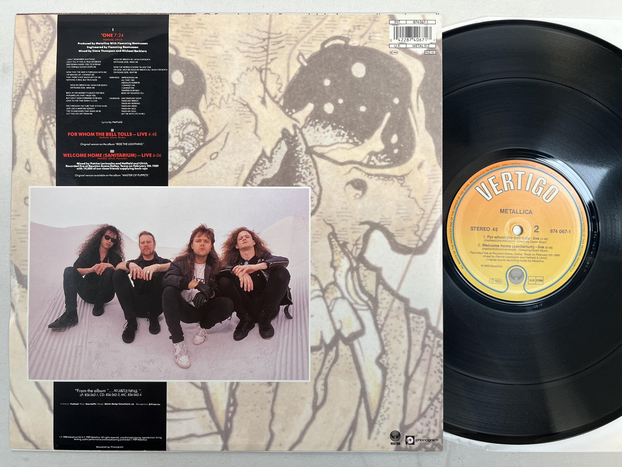 Omslagsbild för skivan METALLICA one 12"single -88 Hol VERTIGO 874 067-1