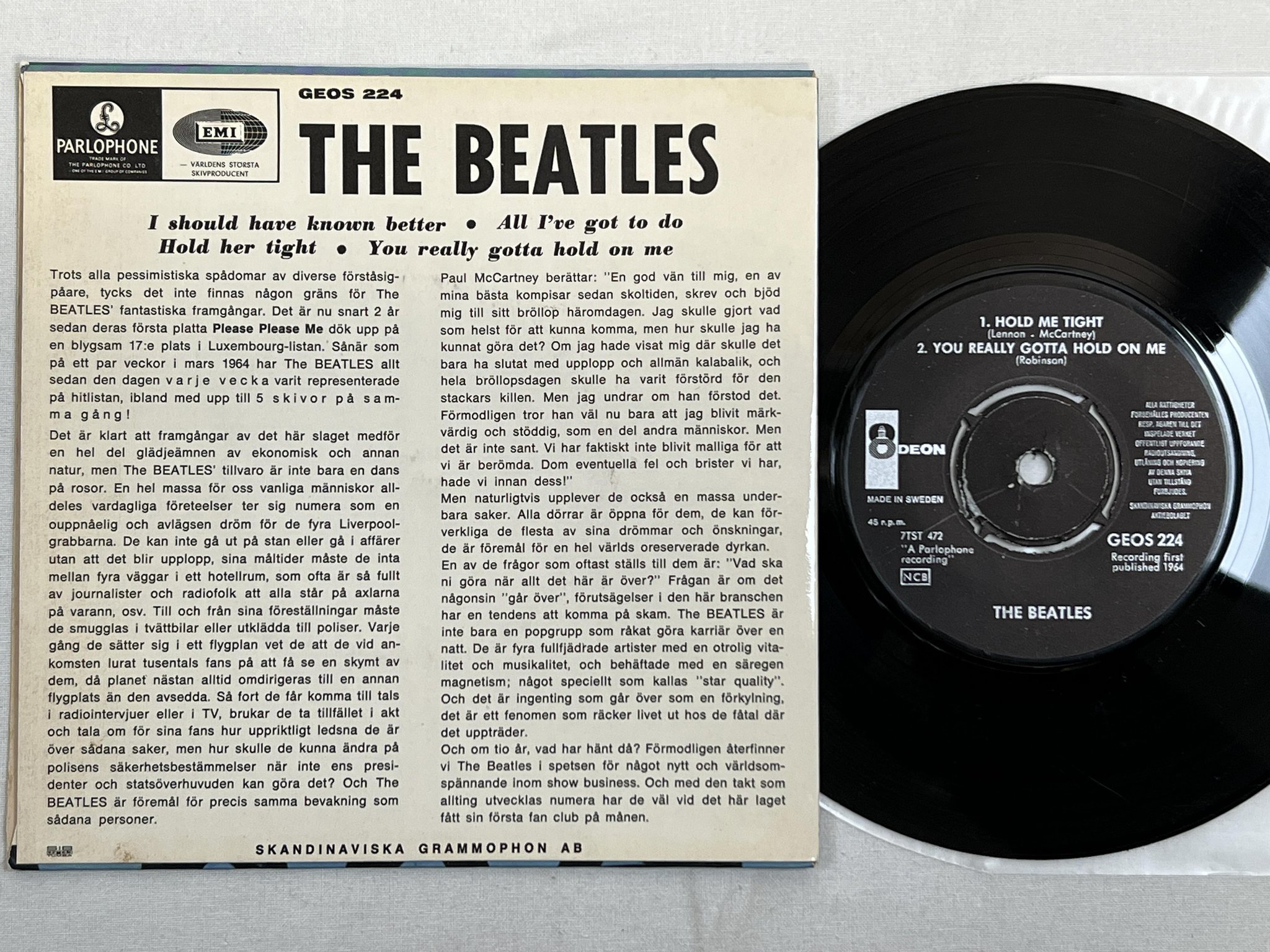 Omslagsbild för skivan THE BEATLES I should have known better 7"ep -64 Swe ODEON GEOS 224