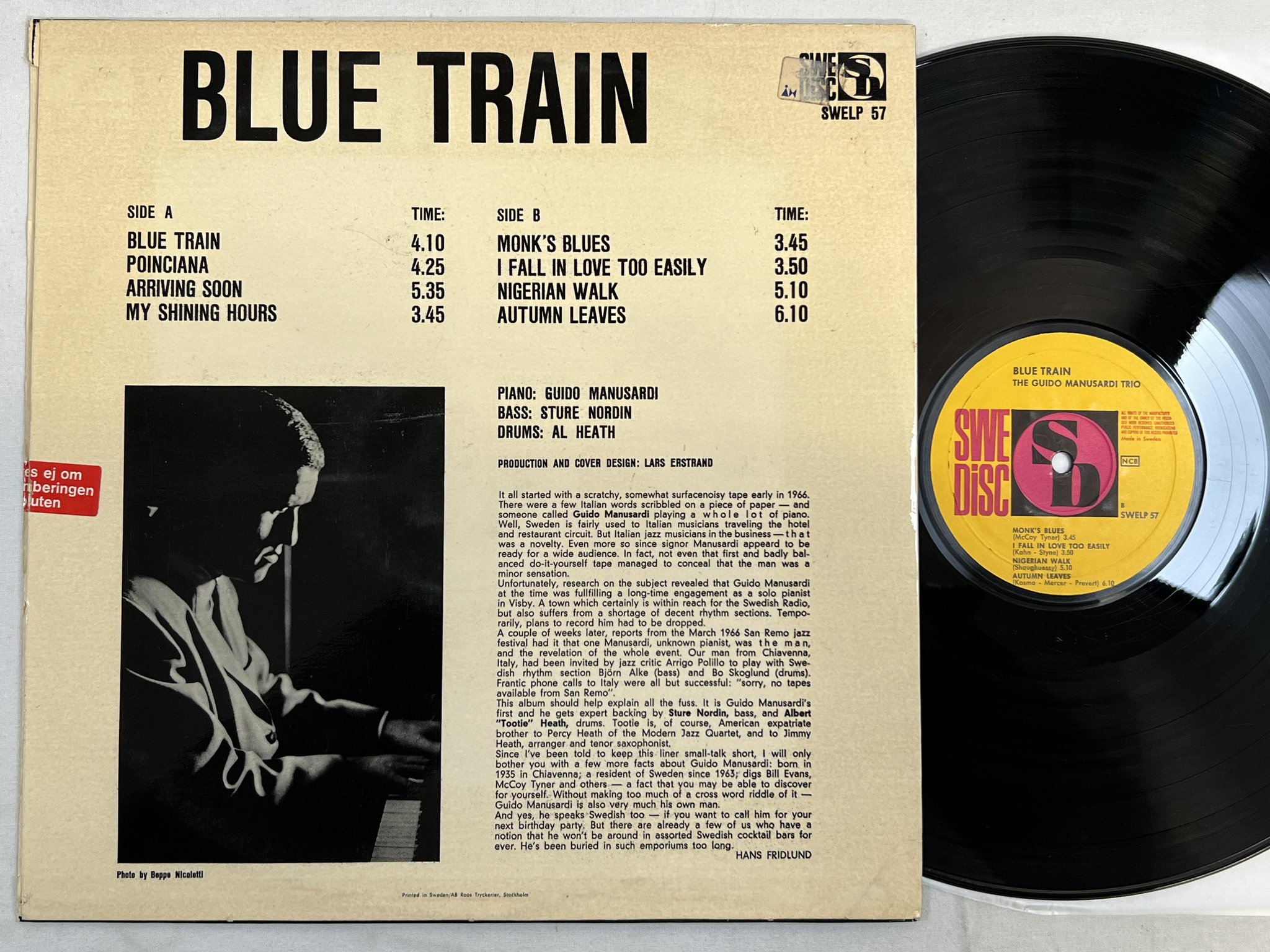 Omslagsbild för skivan THE GUIDO MANUSARDI TRIO blue train LP -67 Swe SWEDISC SWELP 57