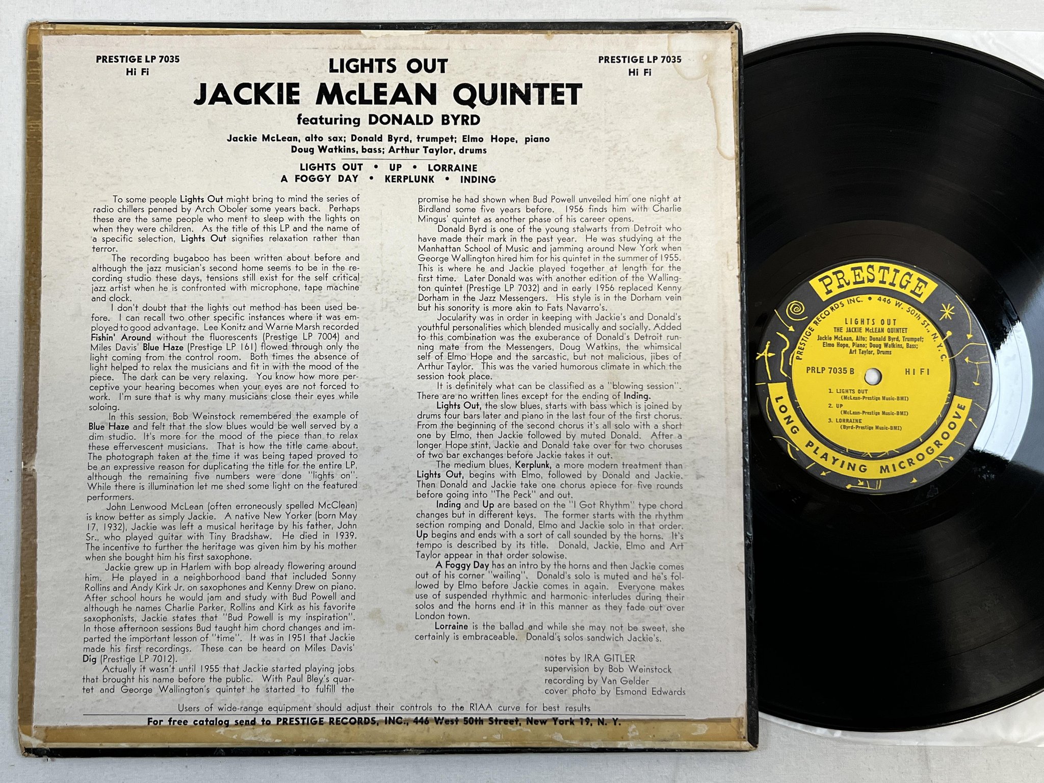 Omslagsbild för skivan JACKIE McLEAN lights out LP -56 US mono PRESTIGE PRLP 7035 446W 50TH ST NYC orig