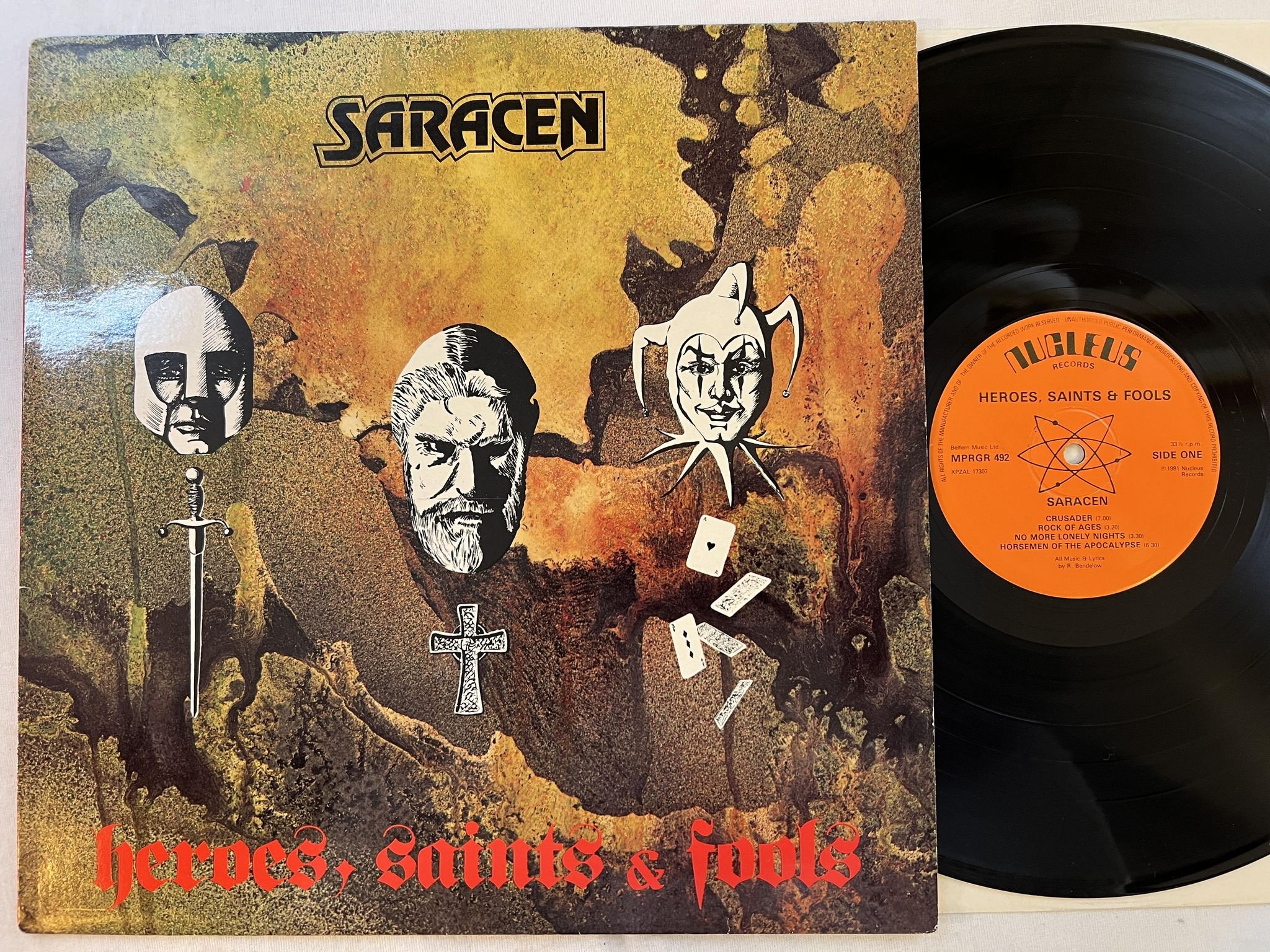 Omslagsbild för skivan SARACEN heroes saints & fools LP -81 UK NUCLEUS MPRGR 492